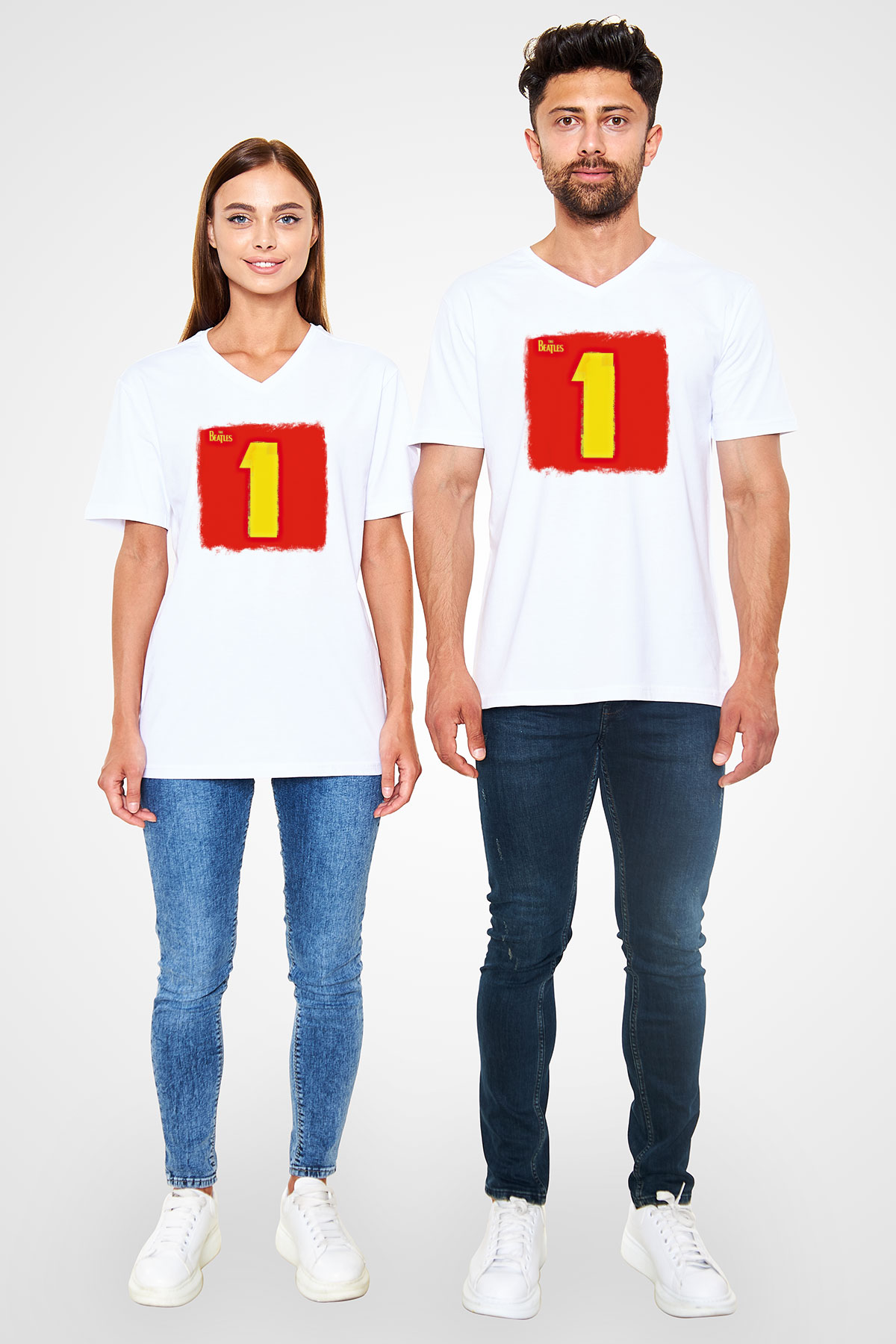 Beatles Baskılı Unisex Beyaz V Yaka Tişört