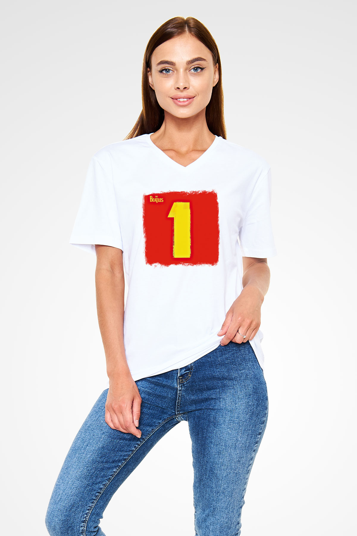 Beatles Baskılı Unisex Beyaz V Yaka Tişört