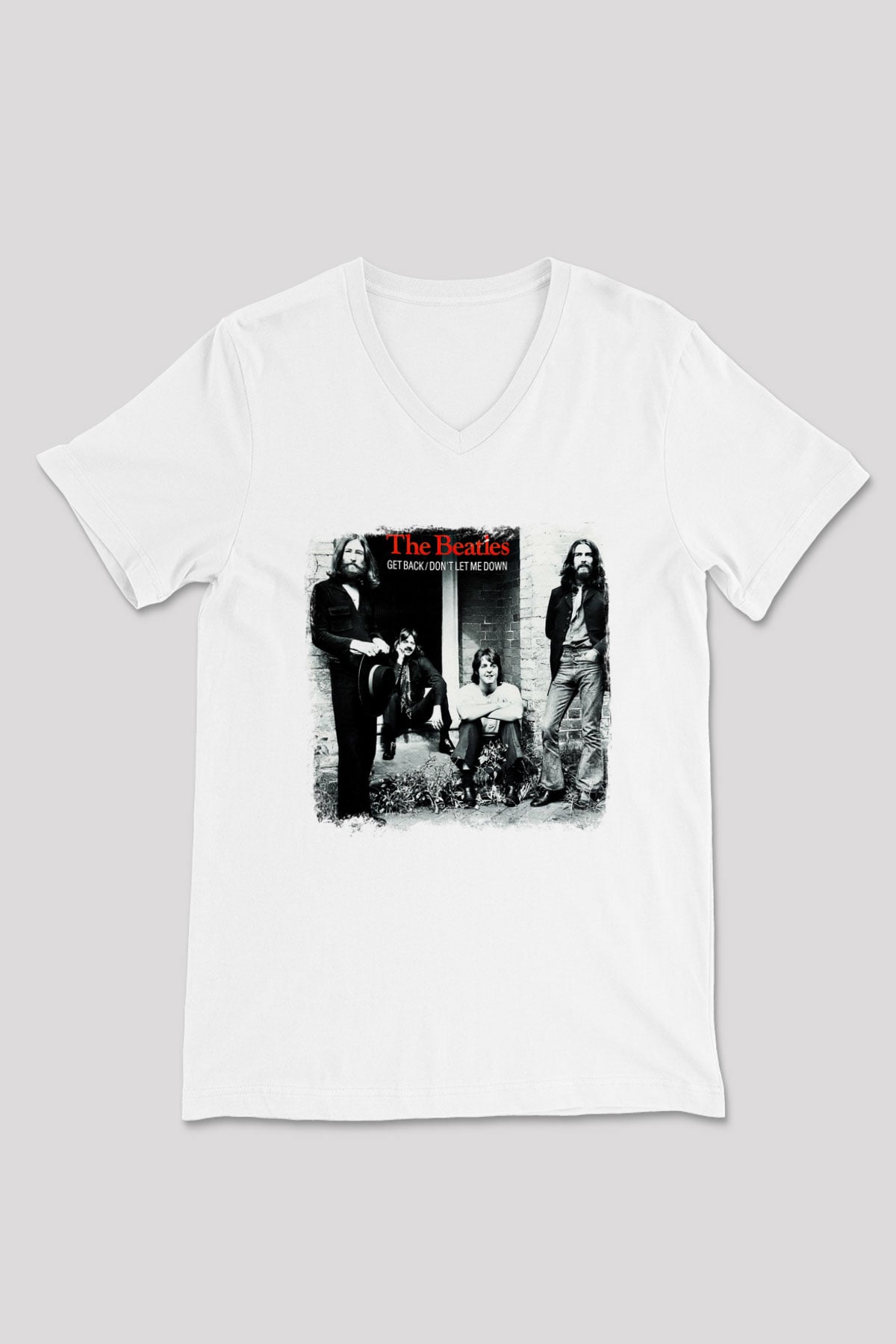 Beatles Baskılı Unisex Beyaz V Yaka Tişört
