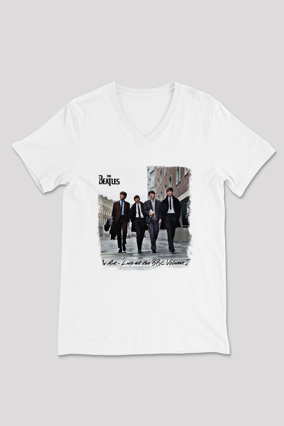 Beatles Baskılı Unisex Beyaz V Yaka Tişört