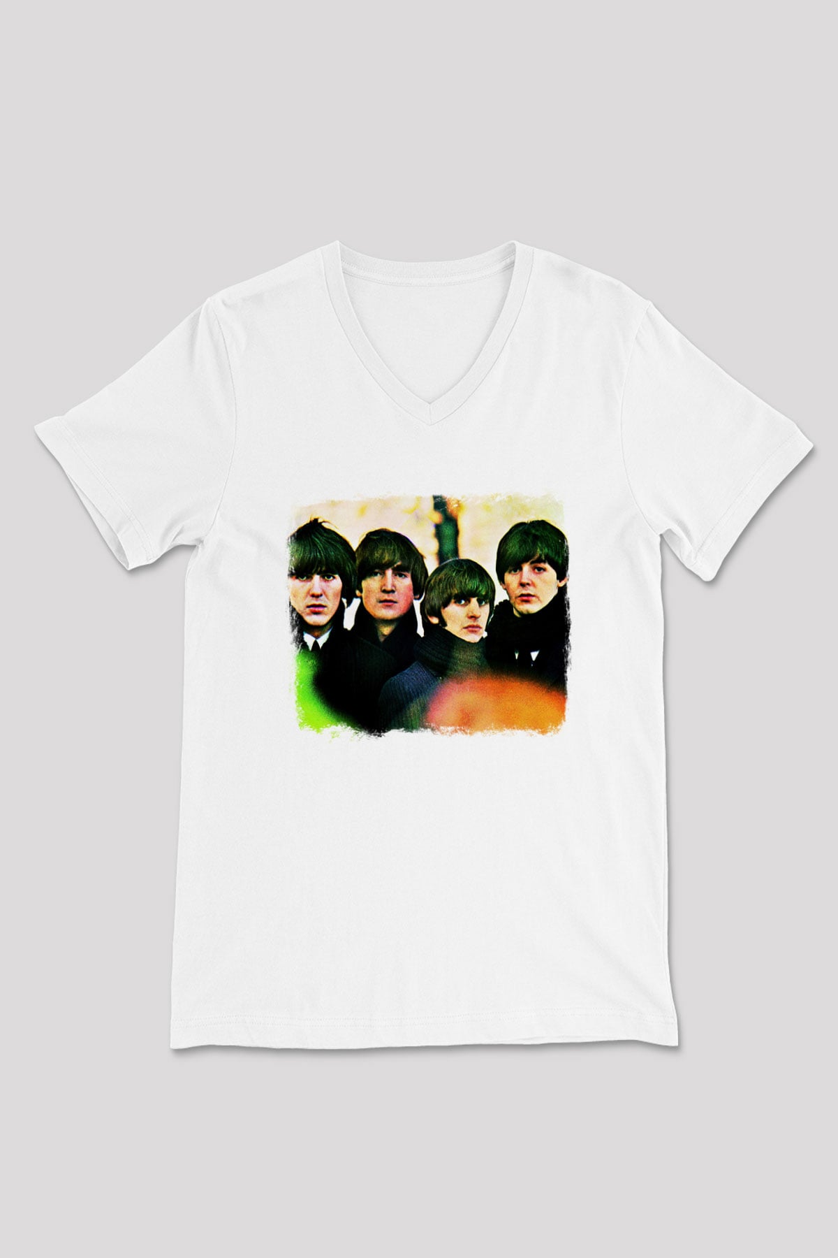 Beatles Baskılı Unisex Beyaz V Yaka Tişört