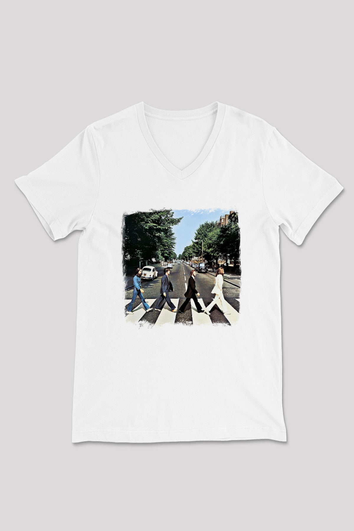 Beatles Baskılı Unisex Beyaz V Yaka Tişört