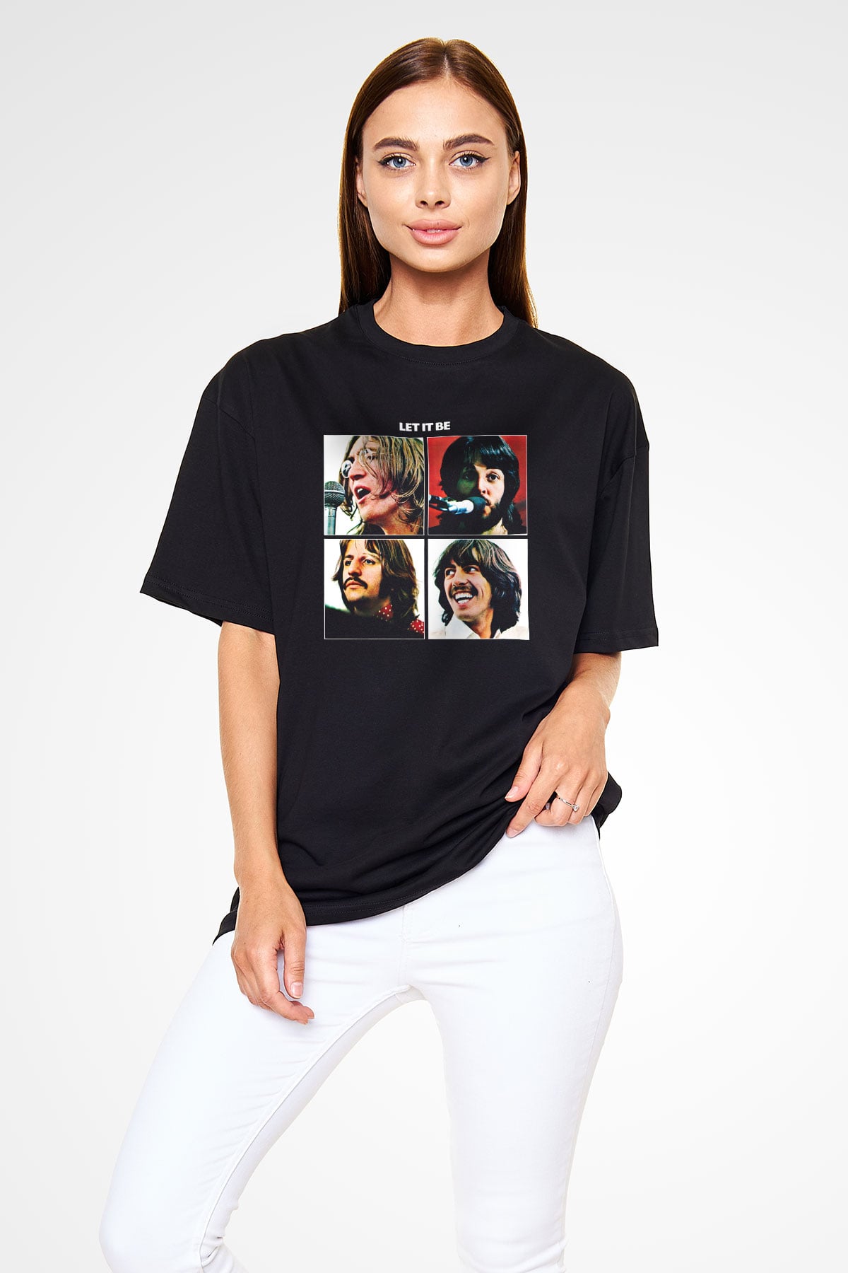 Beatles Baskılı Unisex Siyah Oversize Tişört