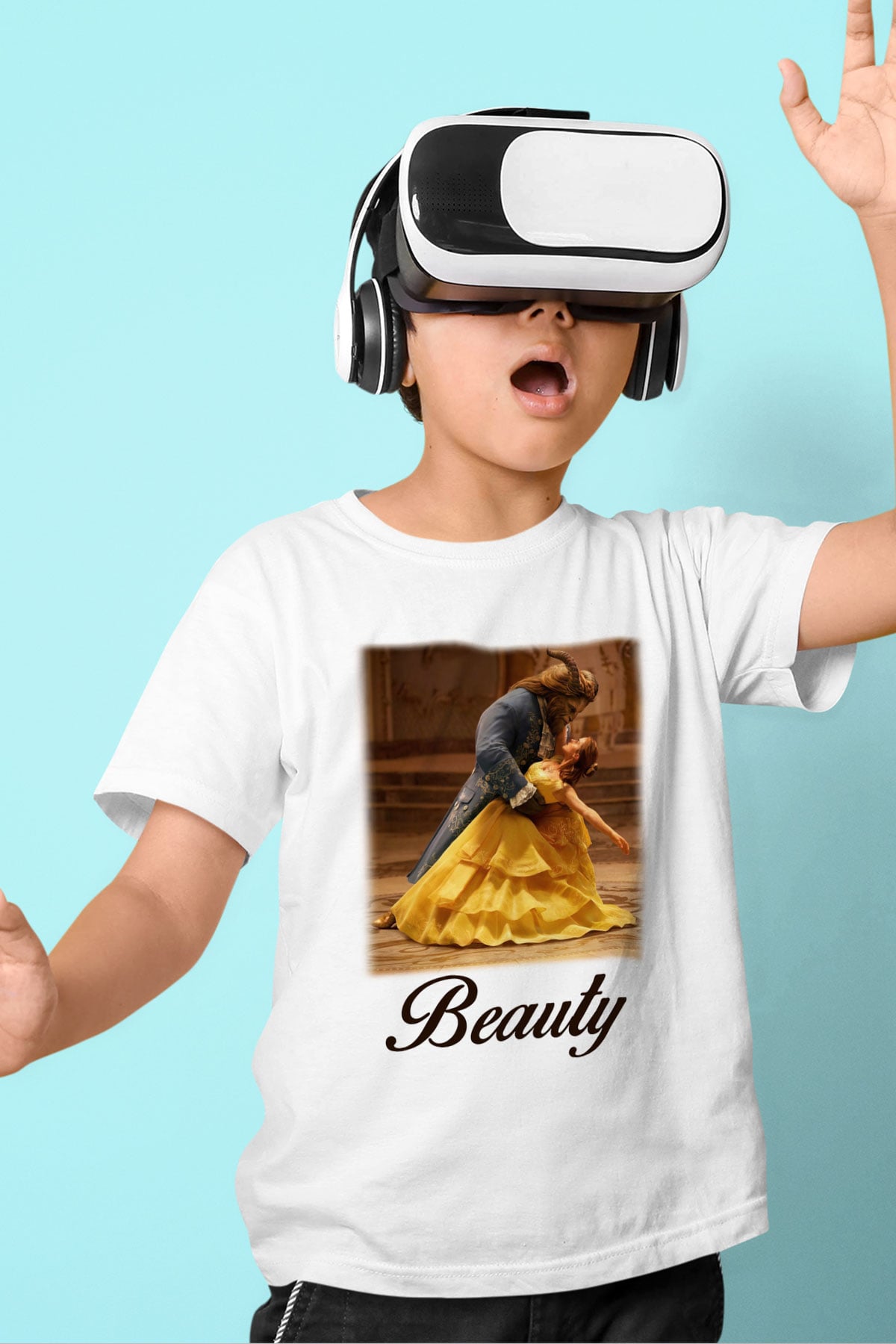 Beauty and the Beast Baskılı Beyaz Unisex Çocuk Tişört
