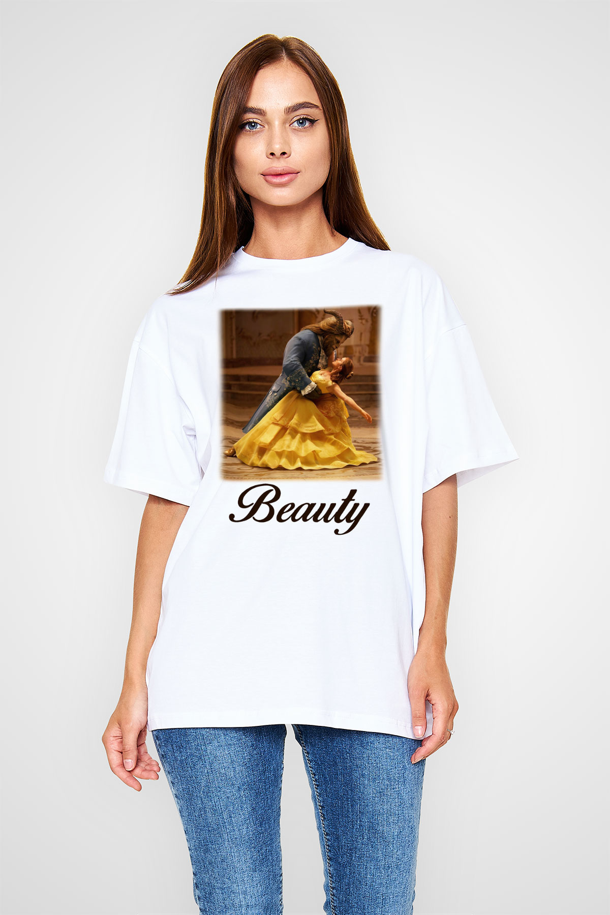 Beauty and the Beast Beyaz Unisex Oversize Tişört T-Shirt