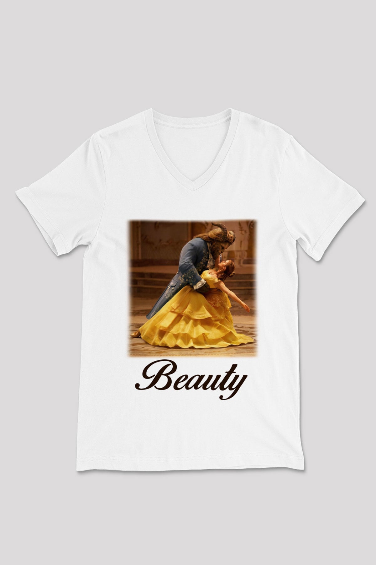 Beauty and the Beast Beyaz Unisex V Yaka Tişört T-Shirt
