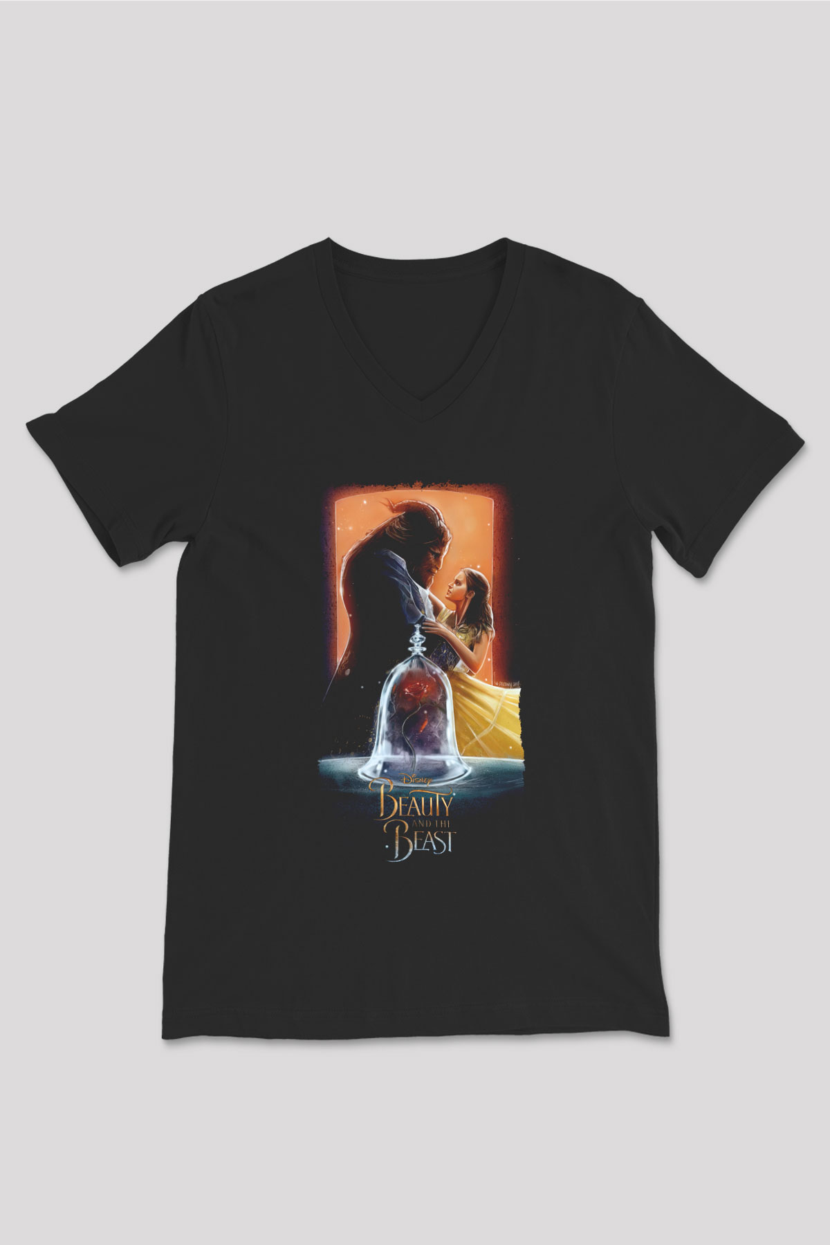 Beauty and the Beast Siyah Unisex V Yaka Tişört