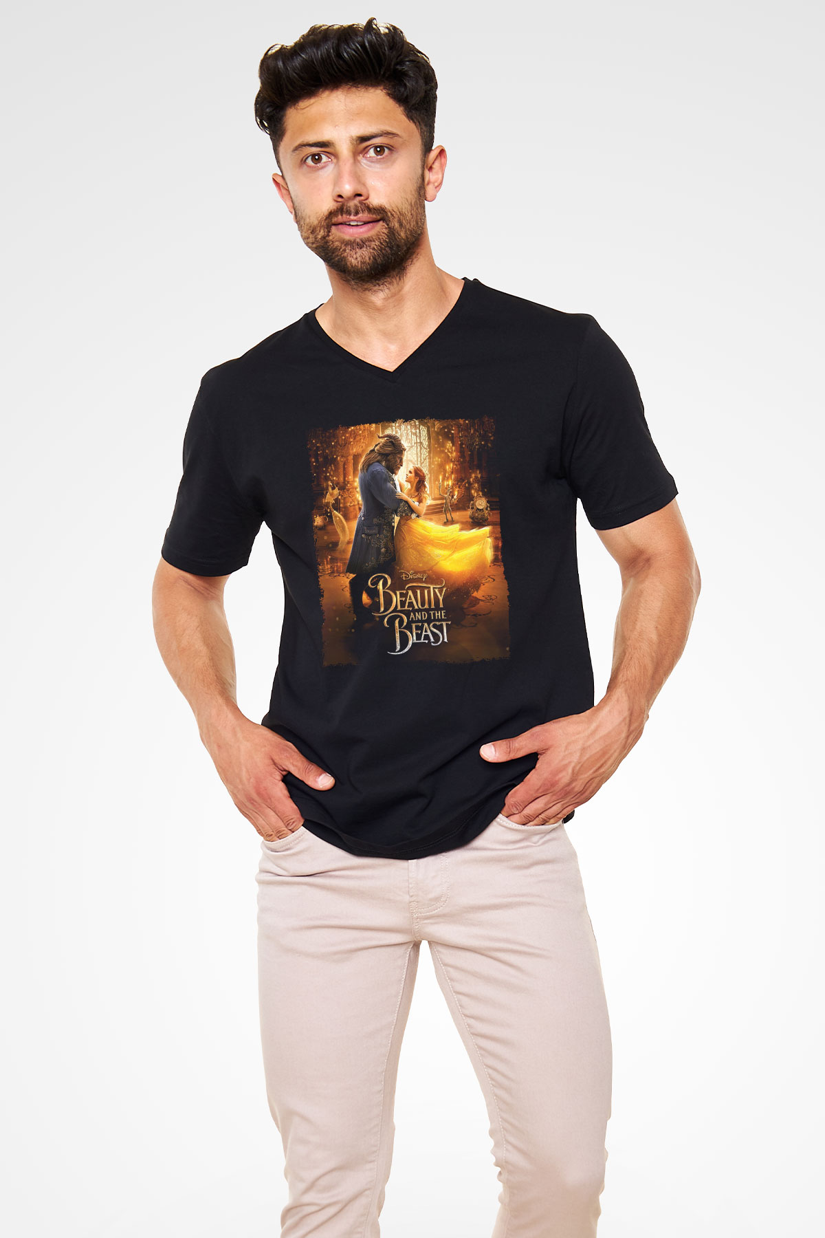 Beauty and the Beast Siyah Unisex V Yaka Tişört