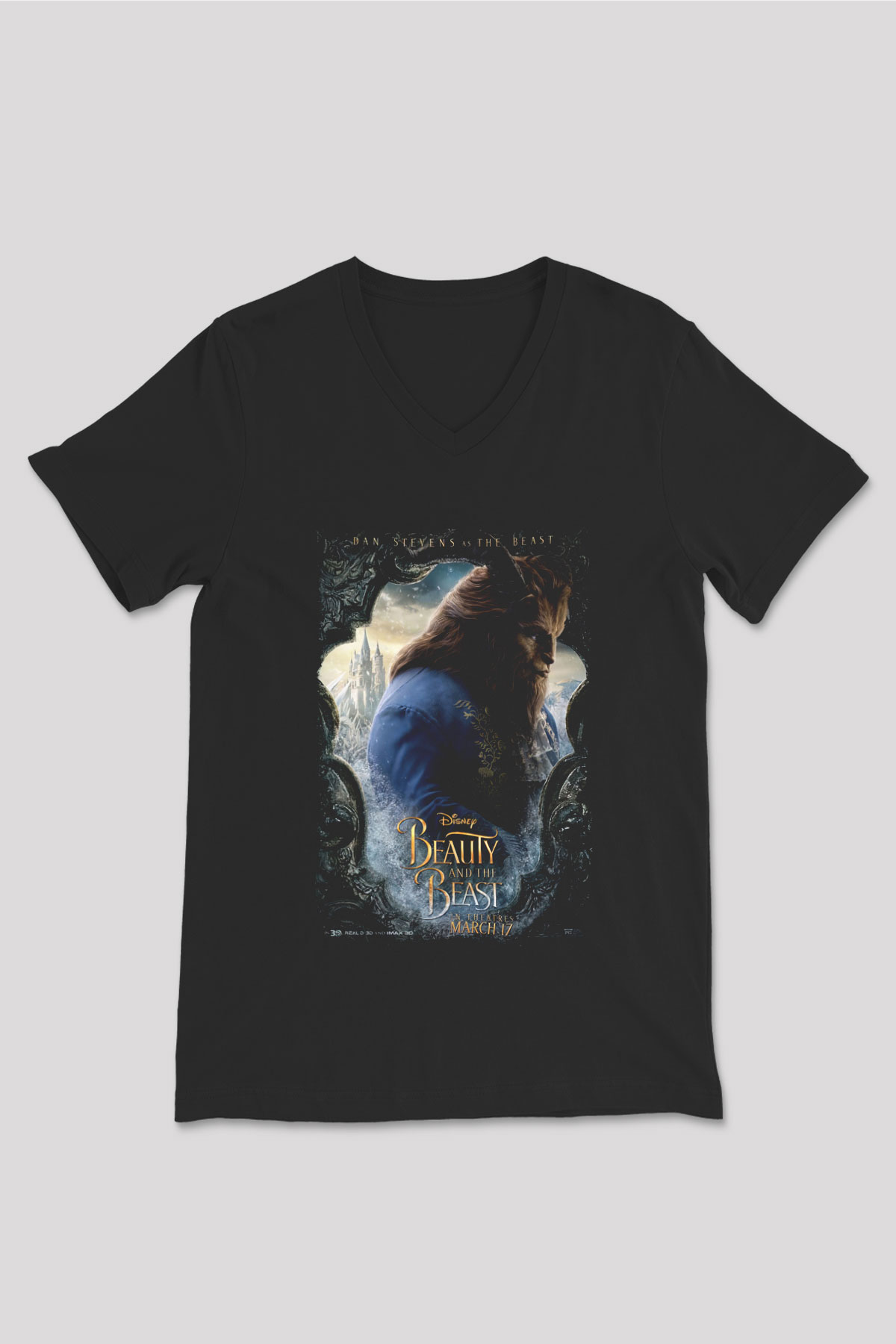 Beauty and the Beast Siyah Unisex V Yaka Tişört