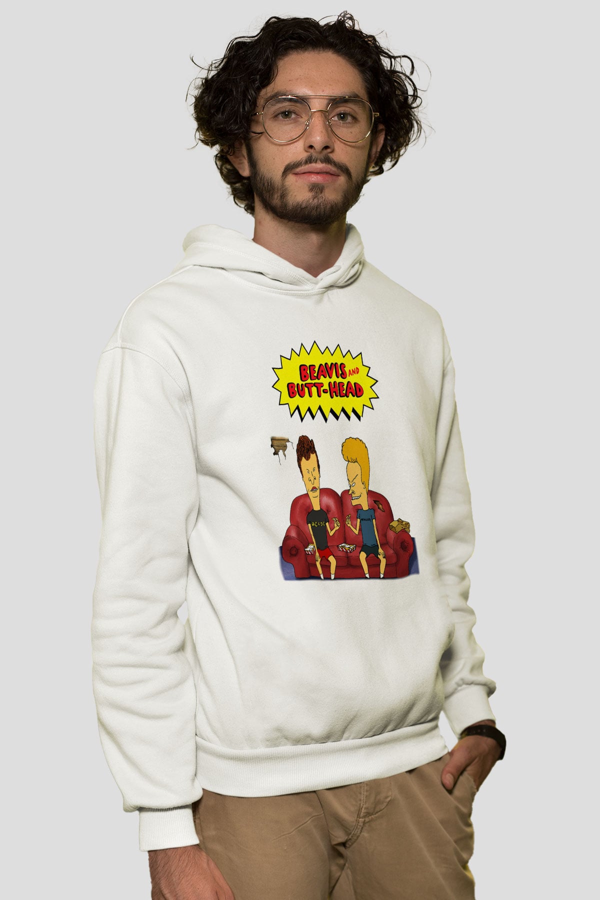 Beavis and Butt-head Beyaz Unisex Kapşonlu Sweatshirt