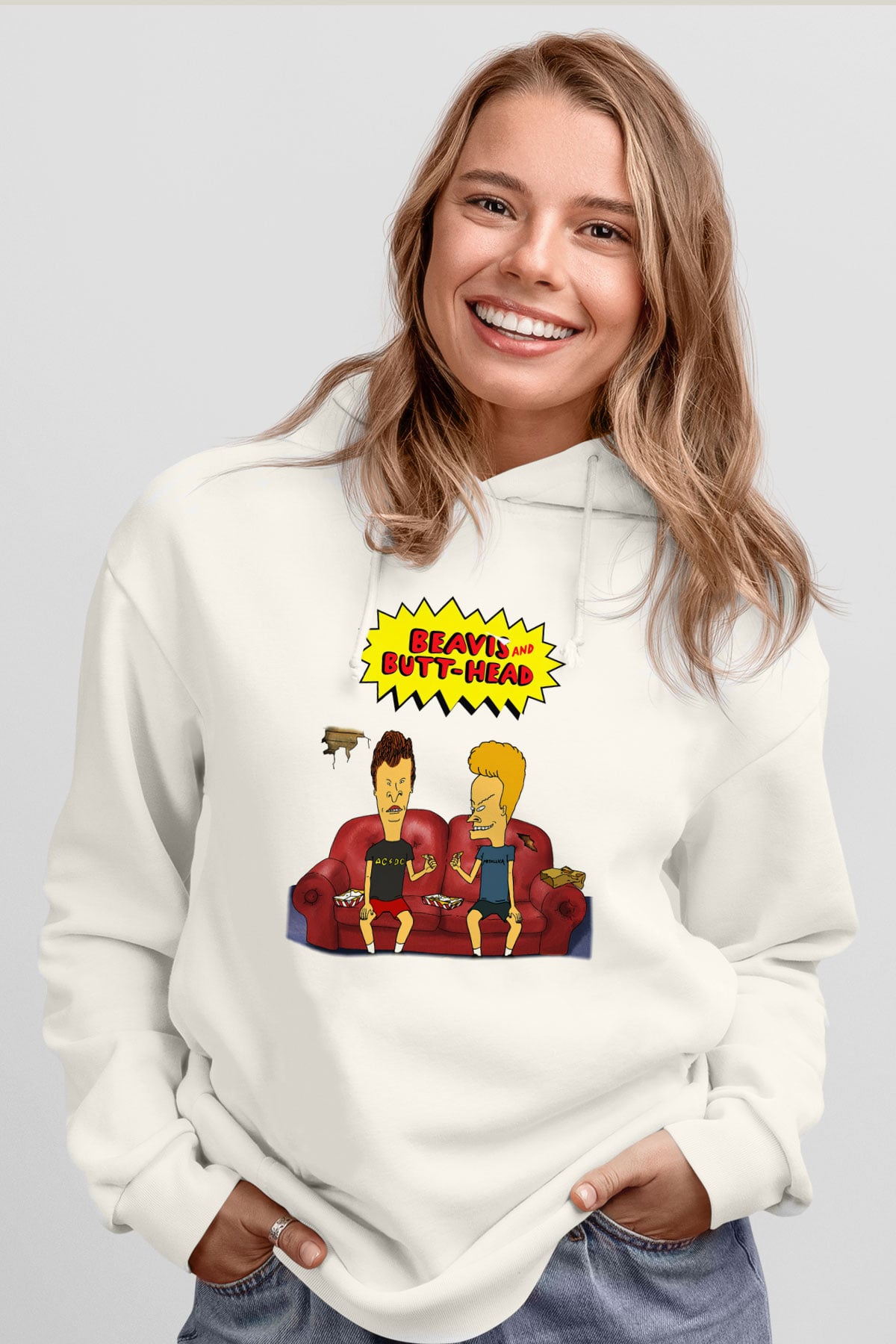 Beavis and Butt-head Beyaz Unisex Kapşonlu Sweatshirt