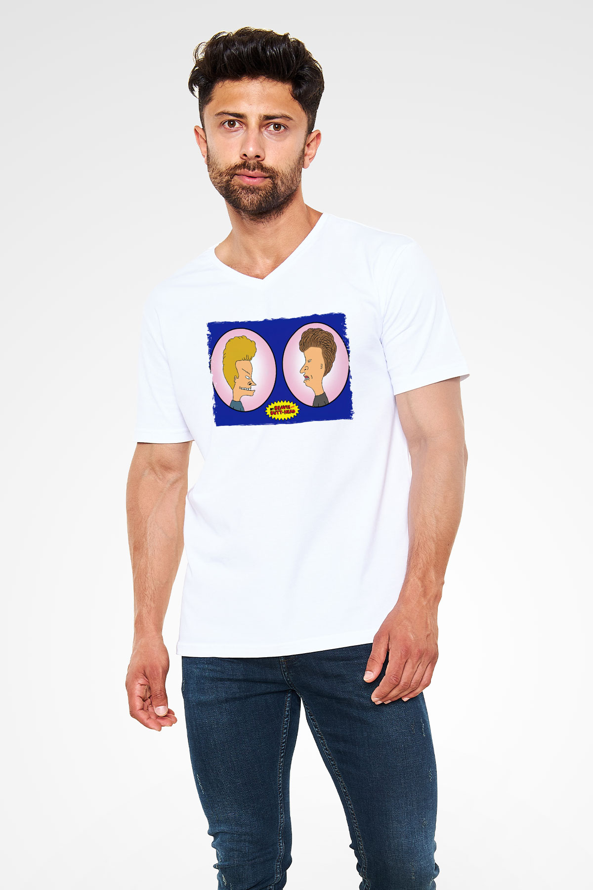 Beavis and Butt-head Beyaz Unisex V Yaka Tişört