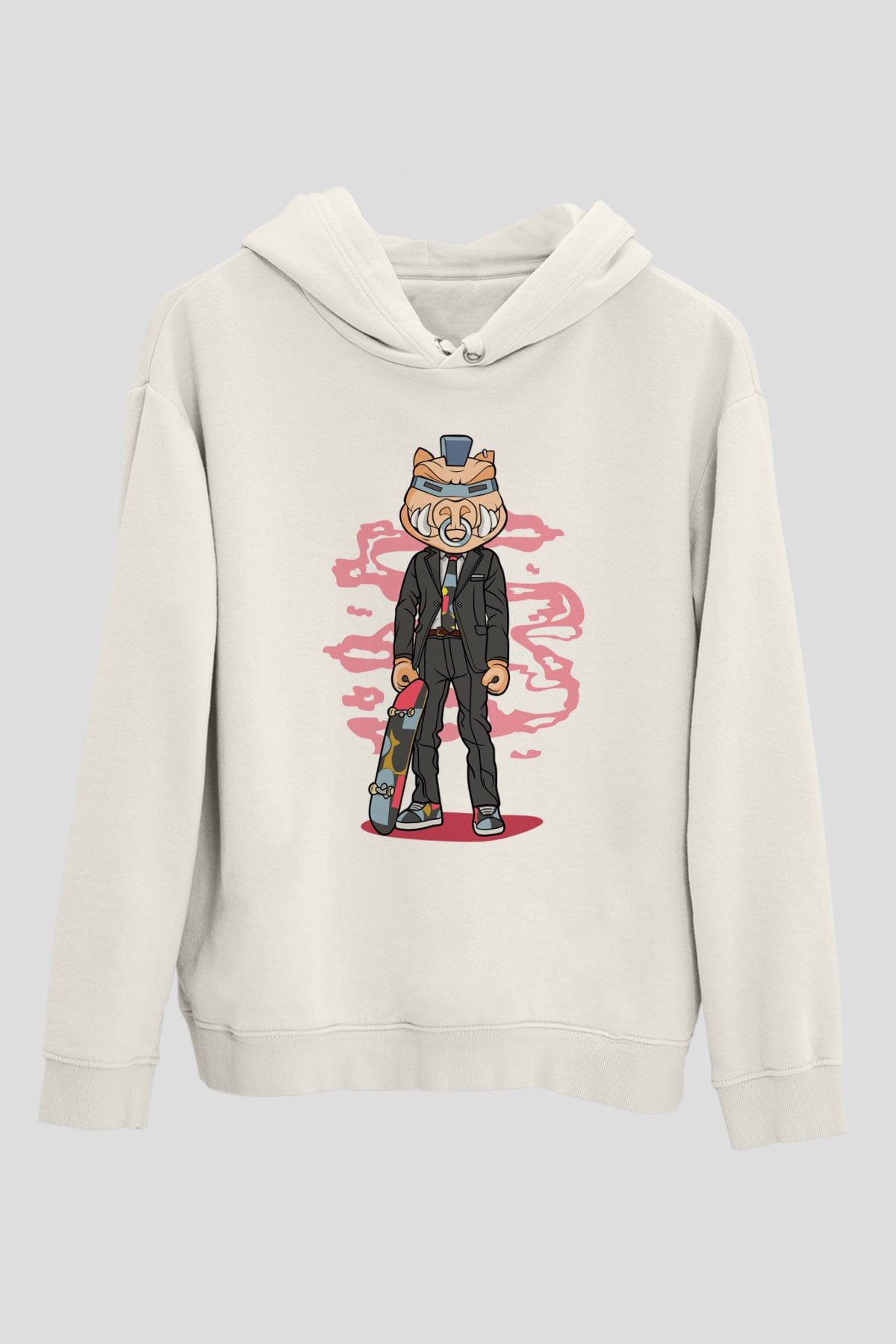 Bebop Skateboard Baskılı Unisex Beyaz Hoodie