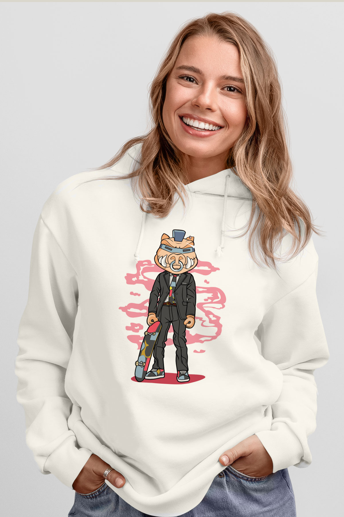 Bebop Skateboard Baskılı Unisex Beyaz Hoodie