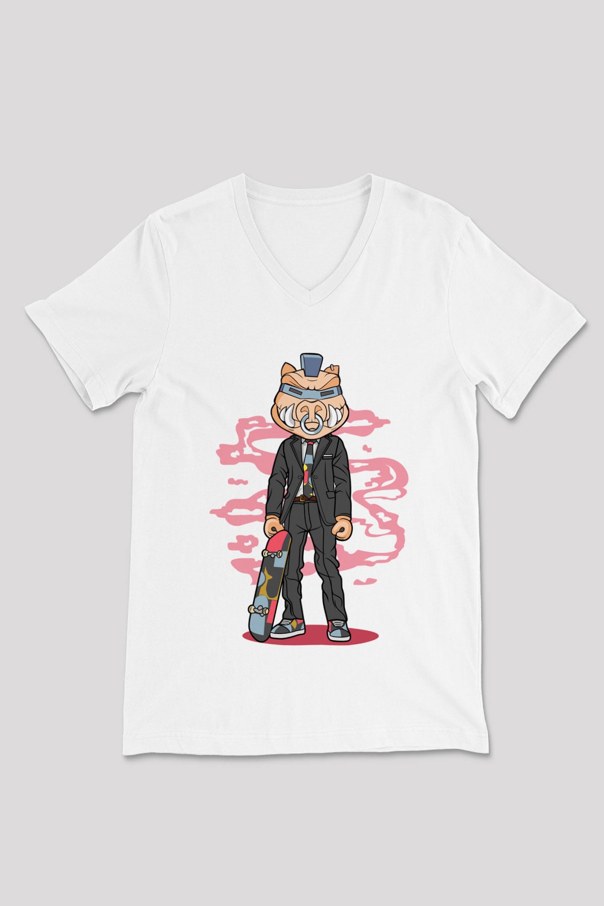 Bebop Skateboard Baskılı Unisex Beyaz V Yaka Tişört