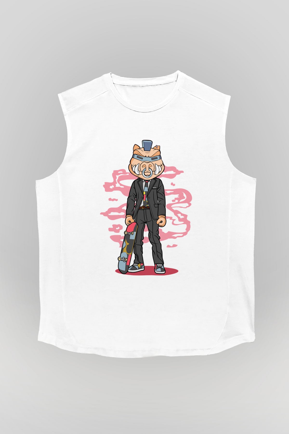 Bebop Skateboard Baskılı Unisex Beyaz Kolsuz Tişört