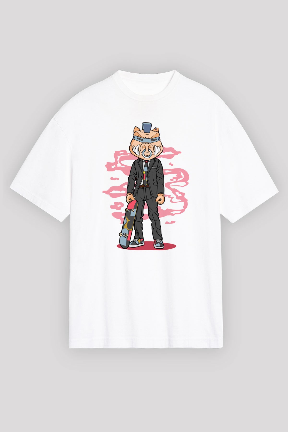 Bebop Skateboard Baskılı Unisex Beyaz Oversize Tişört
