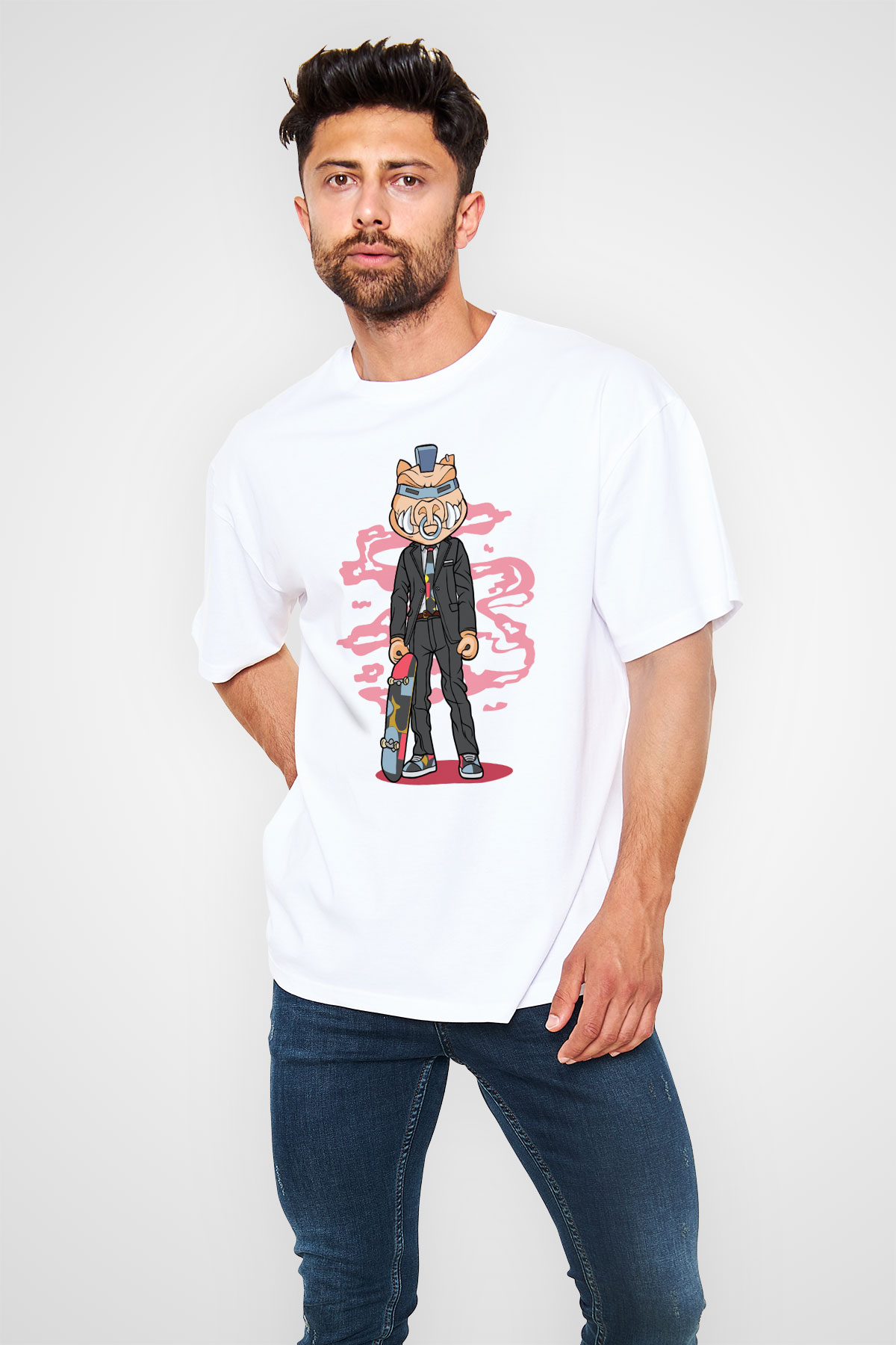 Bebop Skateboard Baskılı Unisex Beyaz Oversize Tişört