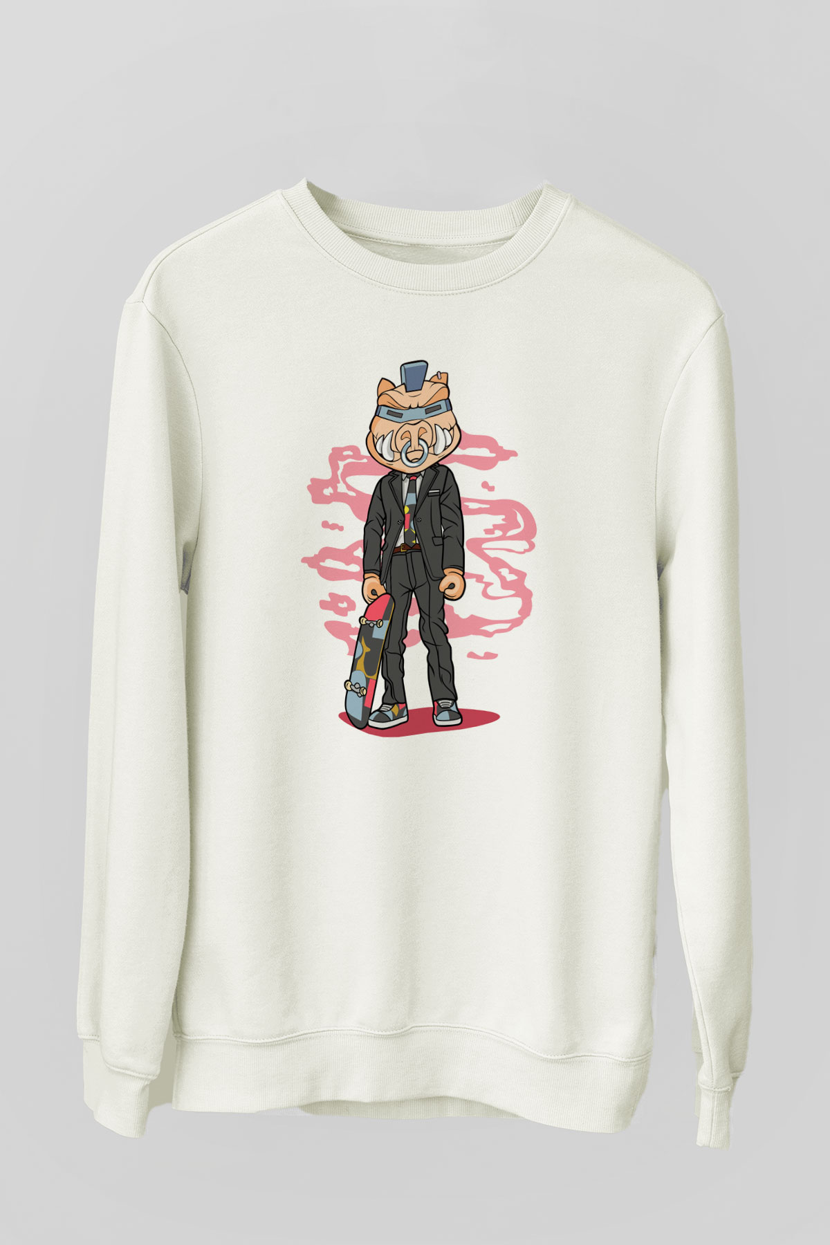 Bebop Skateboard Baskılı Unisex Beyaz Sweatshirt