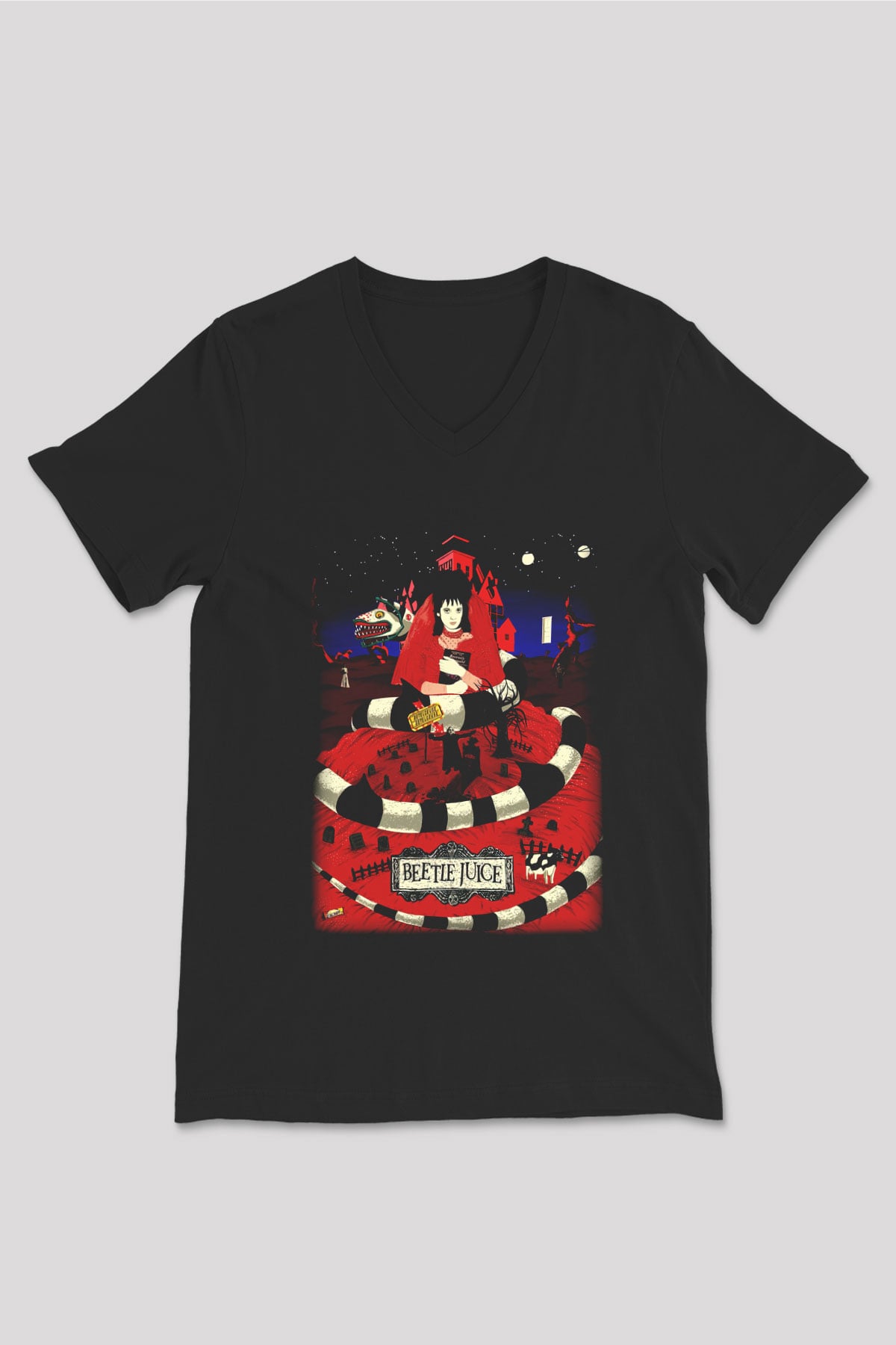 Beetlejuice Beterböcek Siyah Unisex V Yaka Tişört