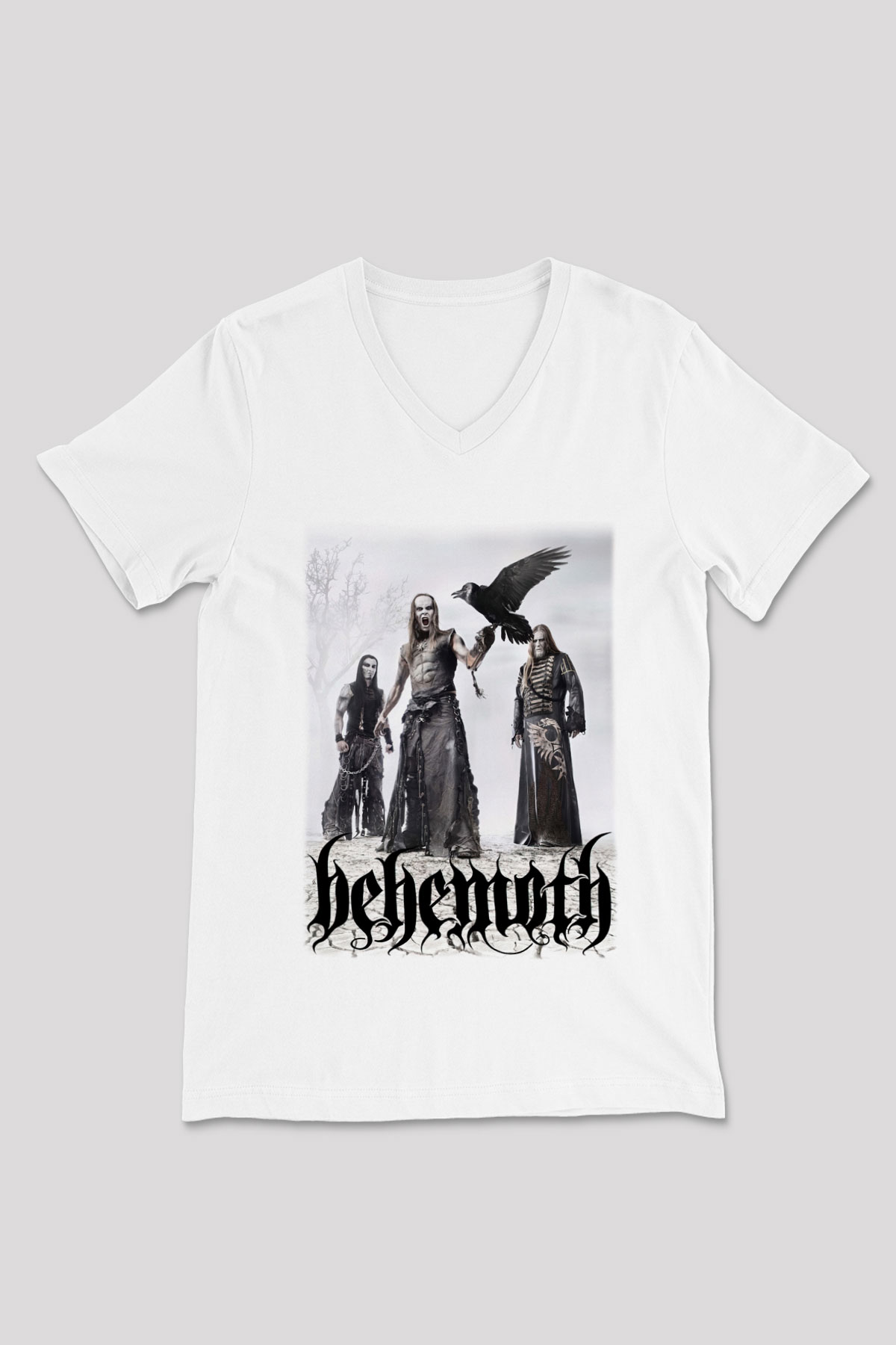 Behemoth Beyaz Unisex V Yaka Tişört T-Shirt