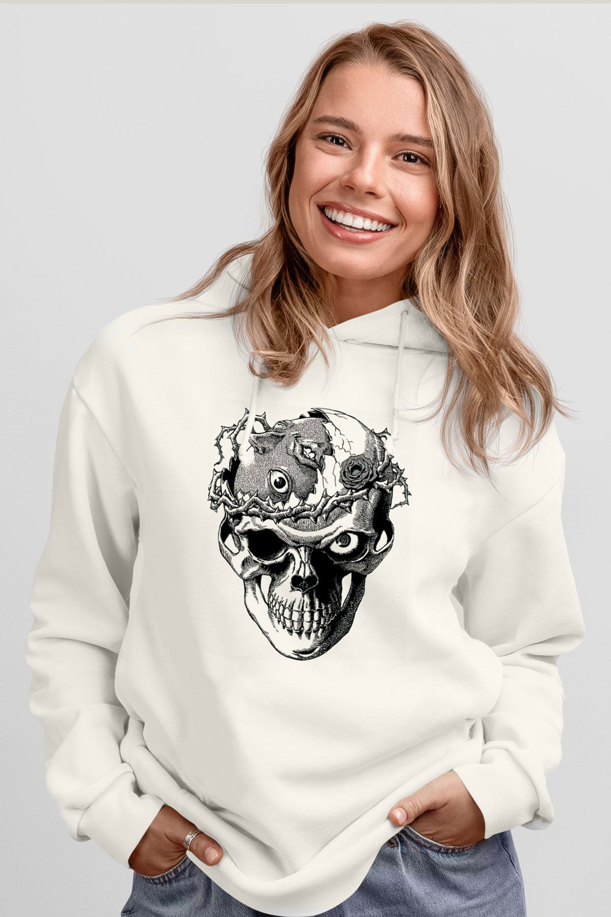 Beherit Baskılı Beyaz Unisex Kapüşonlu Sweatshirt