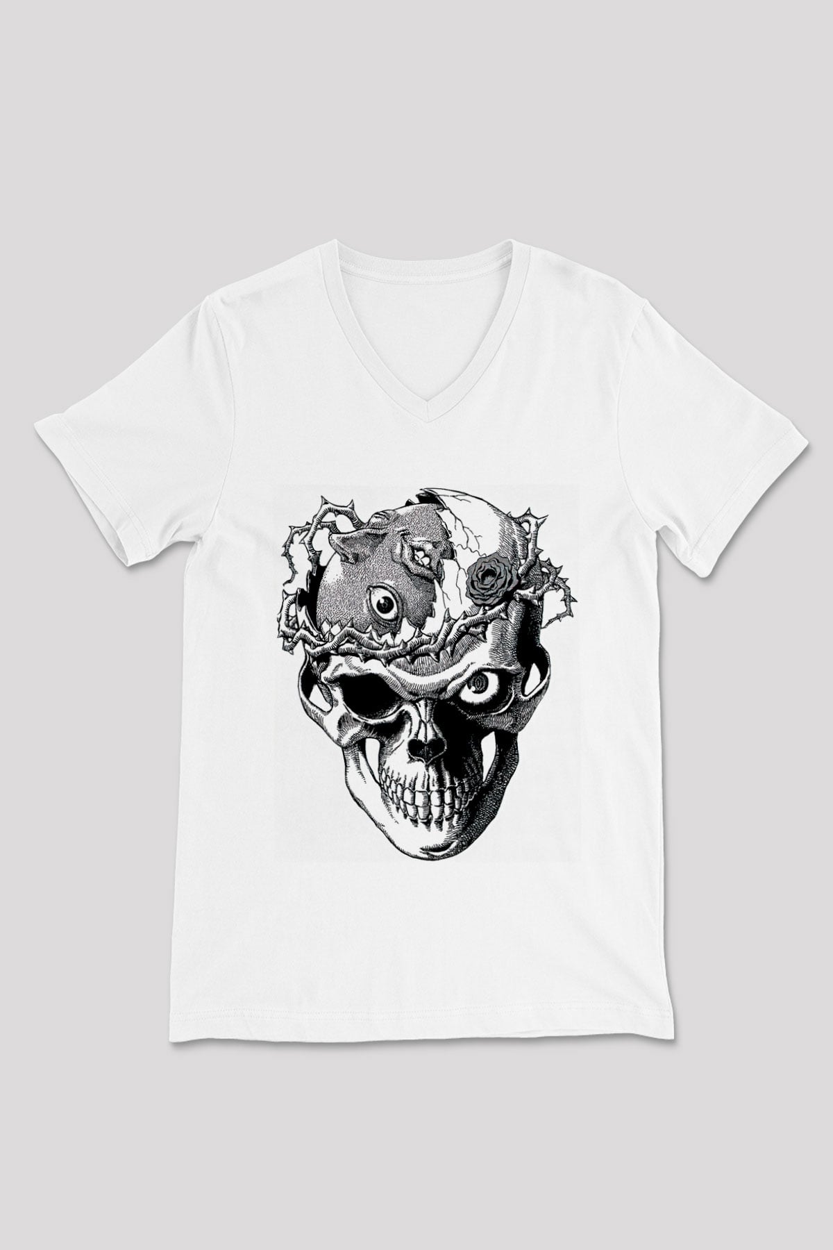 Beherit Baskılı Beyaz Unisex V Yaka Tişört - Tshirt
