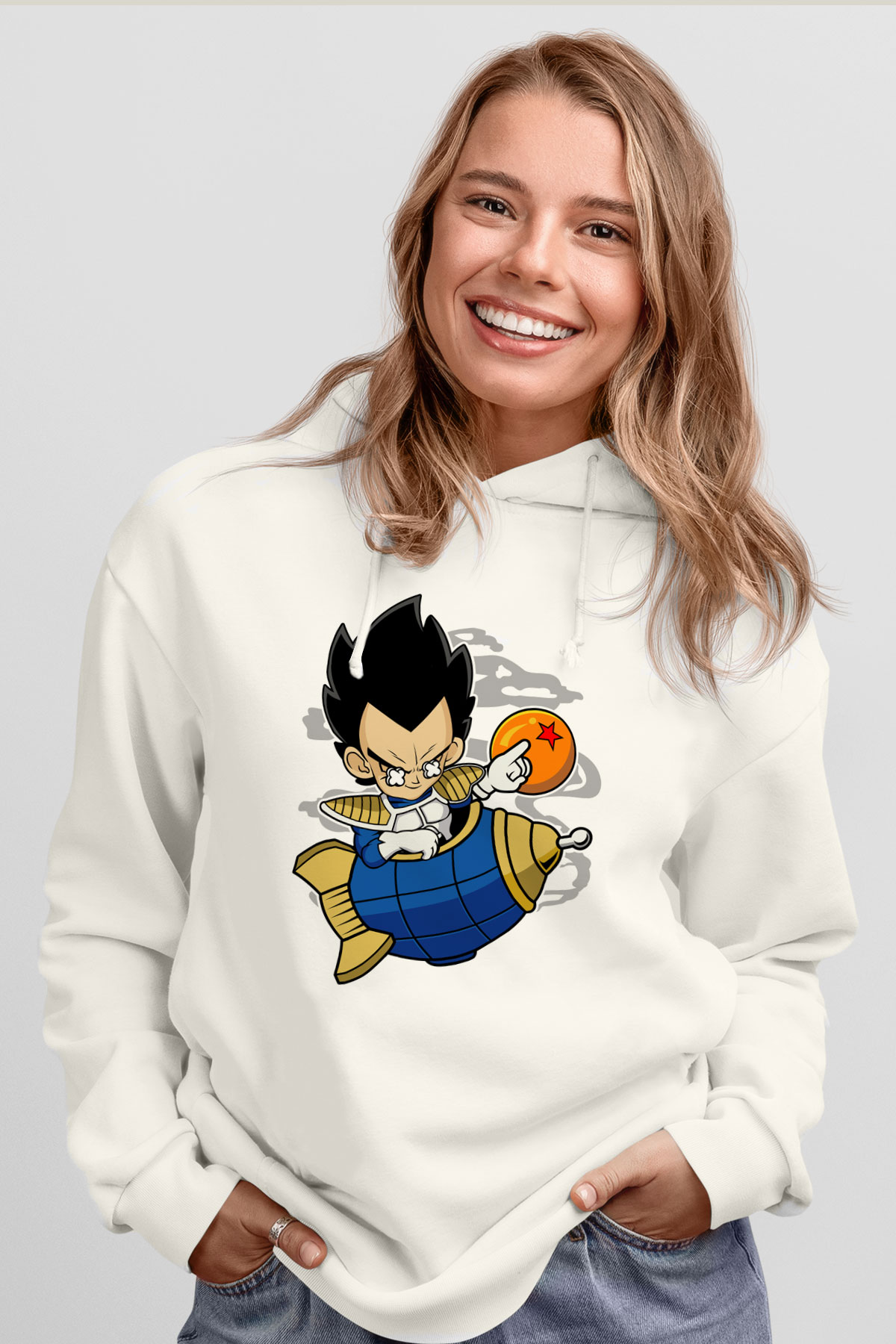 Bejita Rocket Baskılı Unisex Beyaz Hoodie