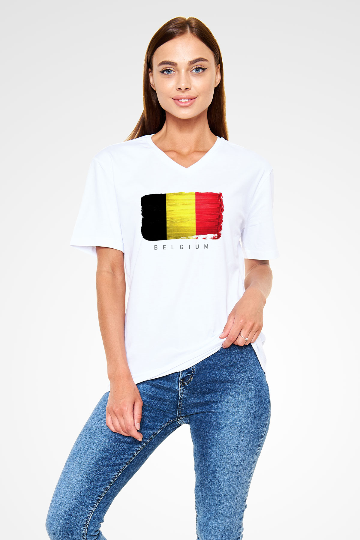 Belçika Beyaz Unisex V Yaka Tişört