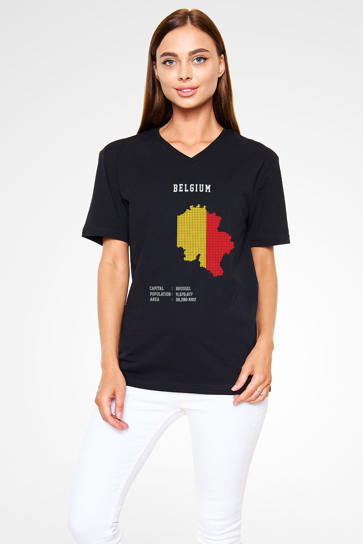 Belçika Siyah Unisex V Yaka Tişört