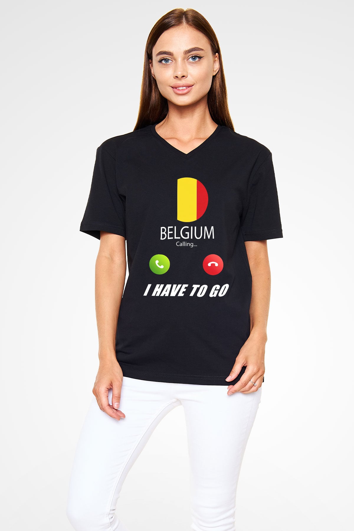 Belçika Siyah Unisex V Yaka Tişört