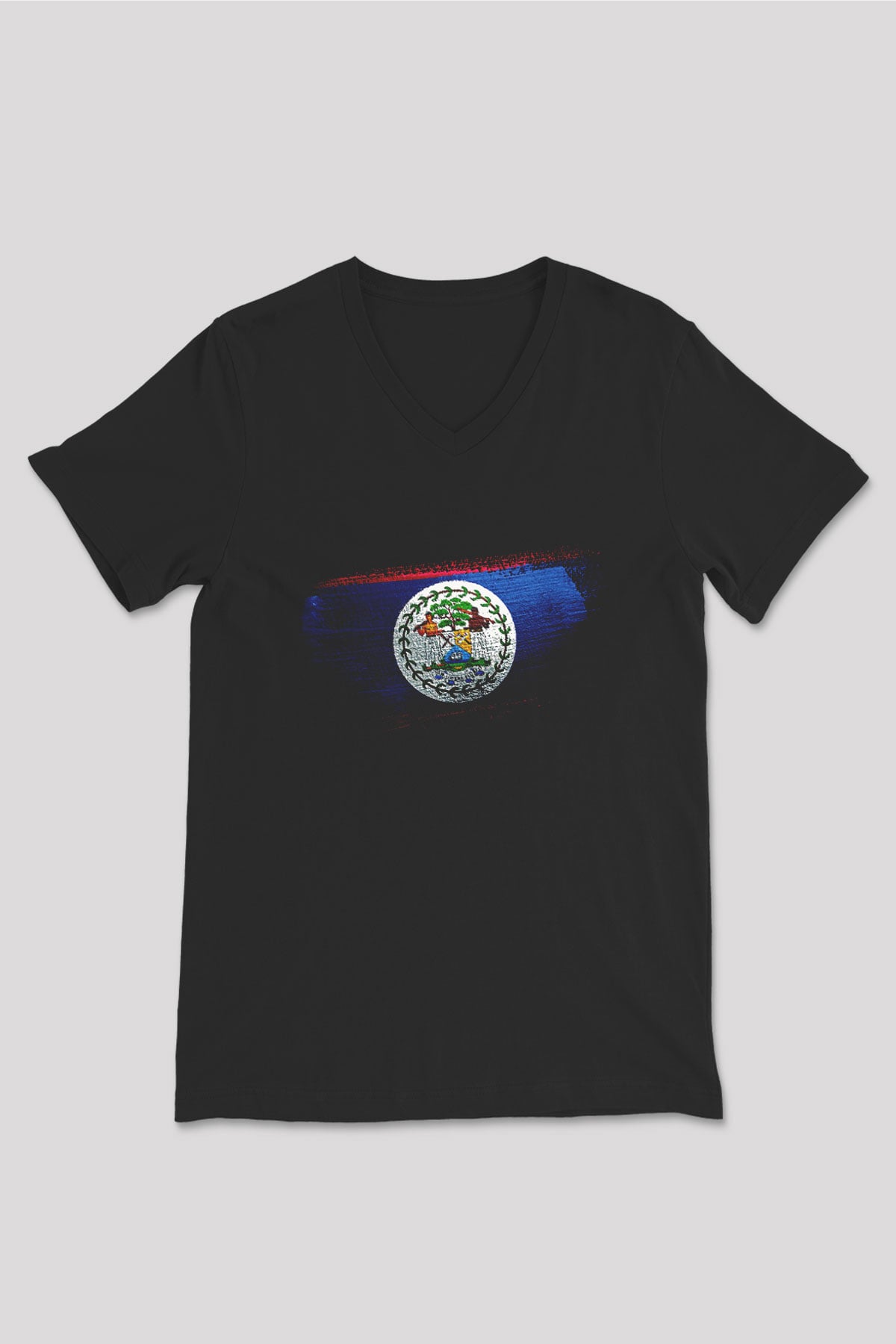 Belize Bayrağı Baskılı Unisex Siyah V Yaka Tişört