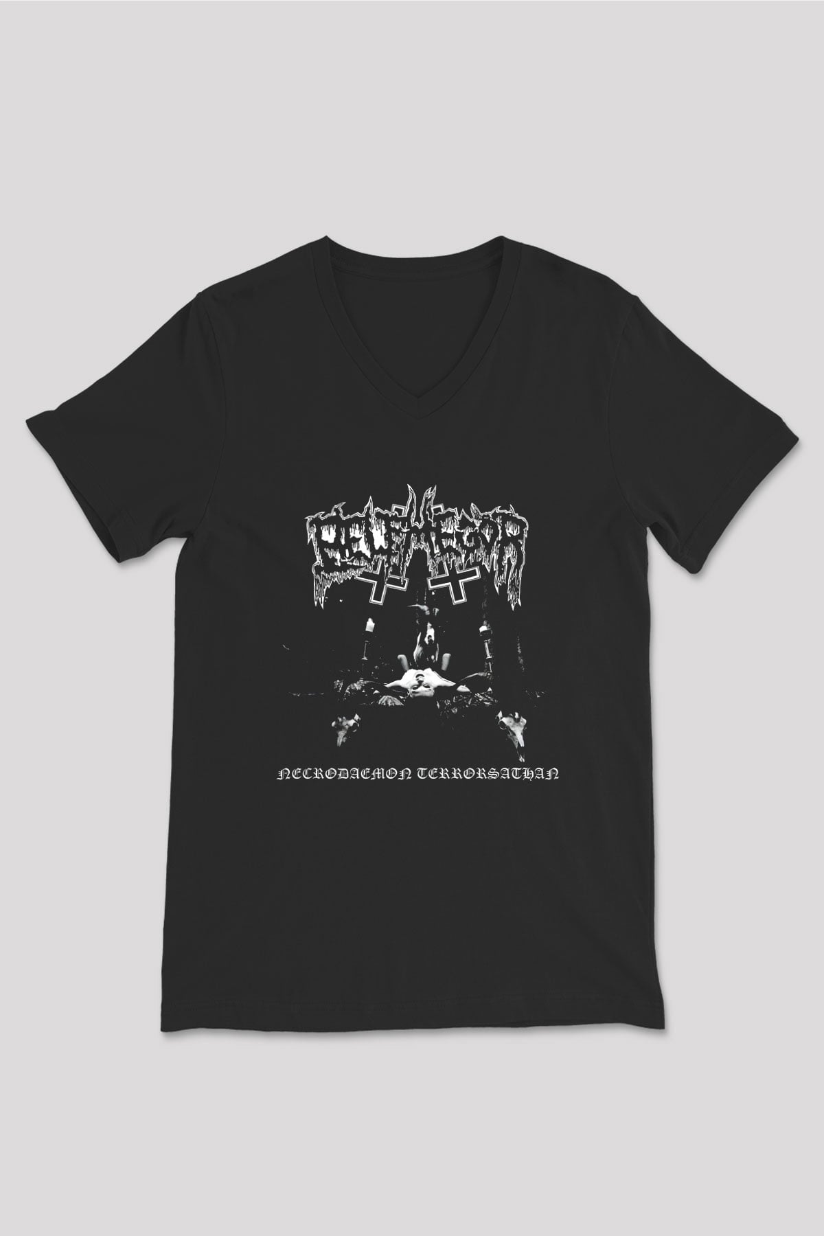 Belphegor Baskılı Unisex Siyah V Yaka Tişört - Tshirt