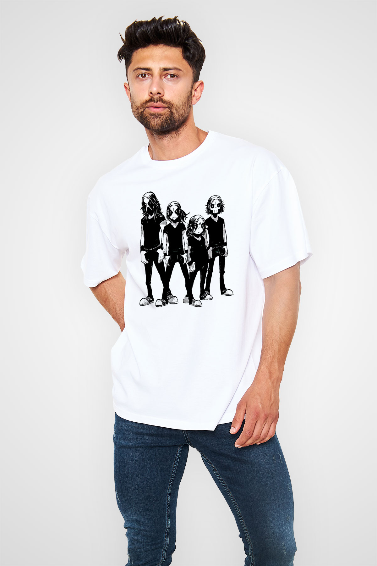 Belzebubs Baskılı Beyaz Unisex Oversize Tişört - Tshirt