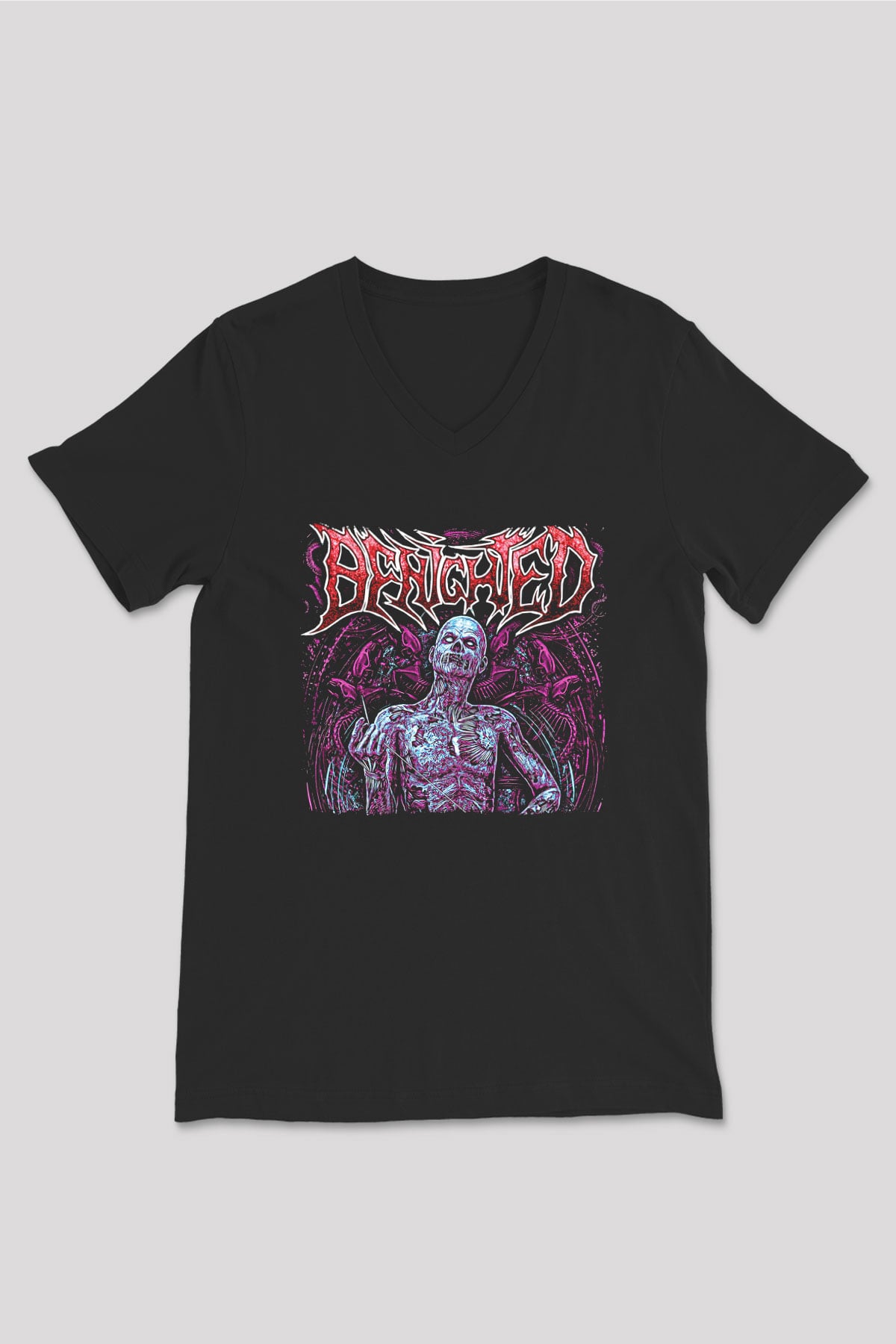 Benighted Baskılı Unisex Siyah V Yaka Tişört - Tshirt