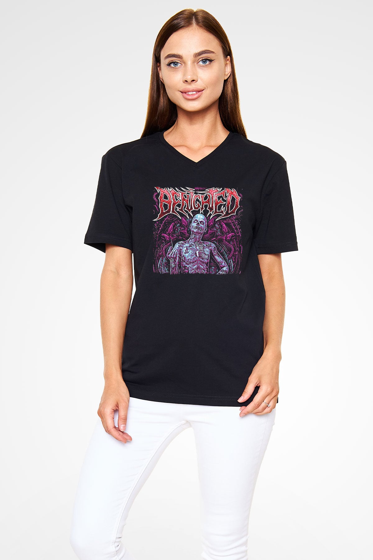 Benighted Baskılı Unisex Siyah V Yaka Tişört - Tshirt