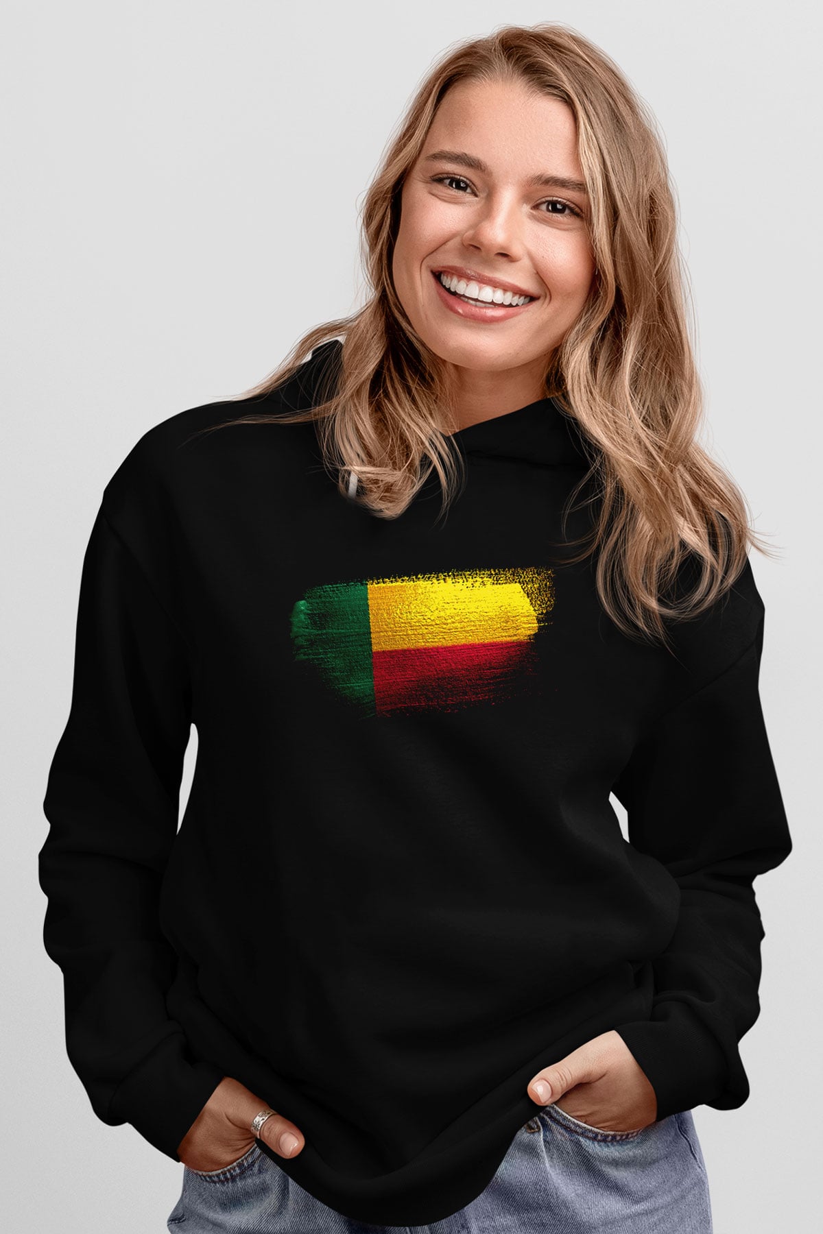 Benin Bayrağı Baskılı Unisex Siyah Hoodie