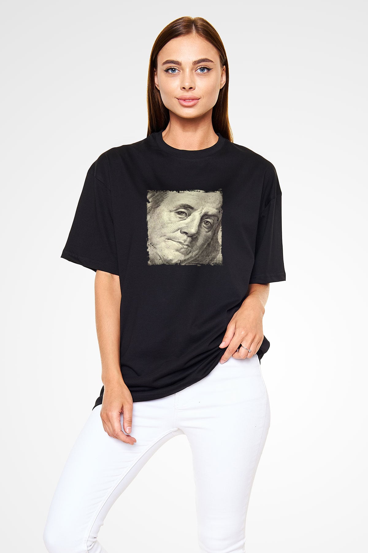Benjamin Franklin Baskılı Unisex Siyah Oversize Tişört