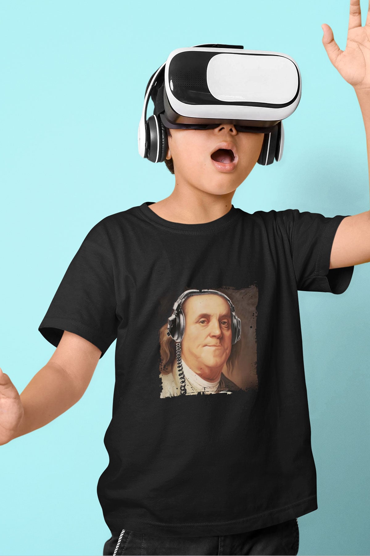 Benjamin Franklin Baskılı Unisex Siyah Çocuk Tişört