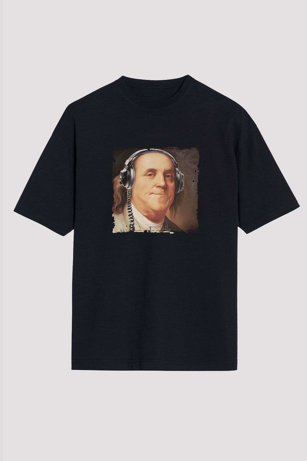 Benjamin Franklin Baskılı Unisex Siyah Oversize Tişört