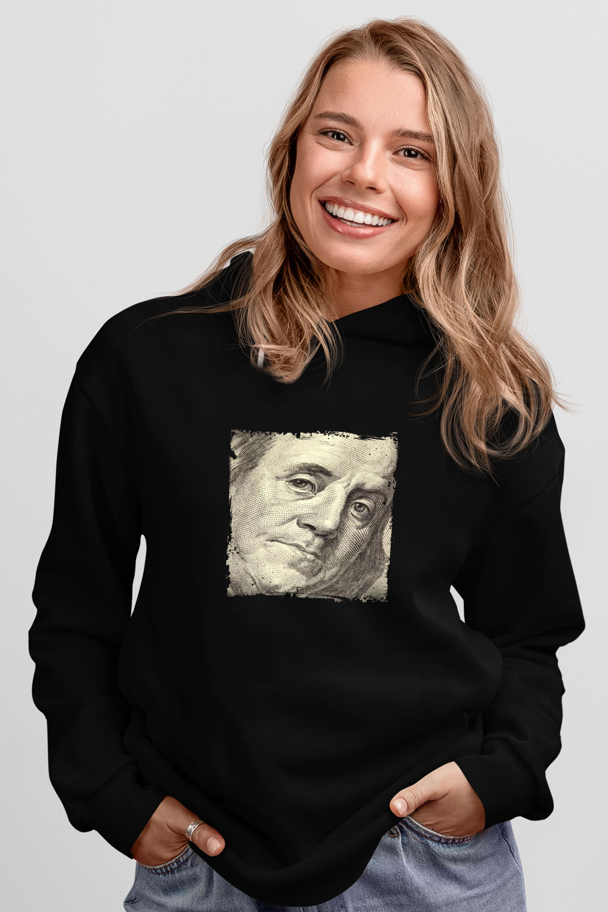 Benjamin Franklin Baskılı Unisex Siyah Hoodie