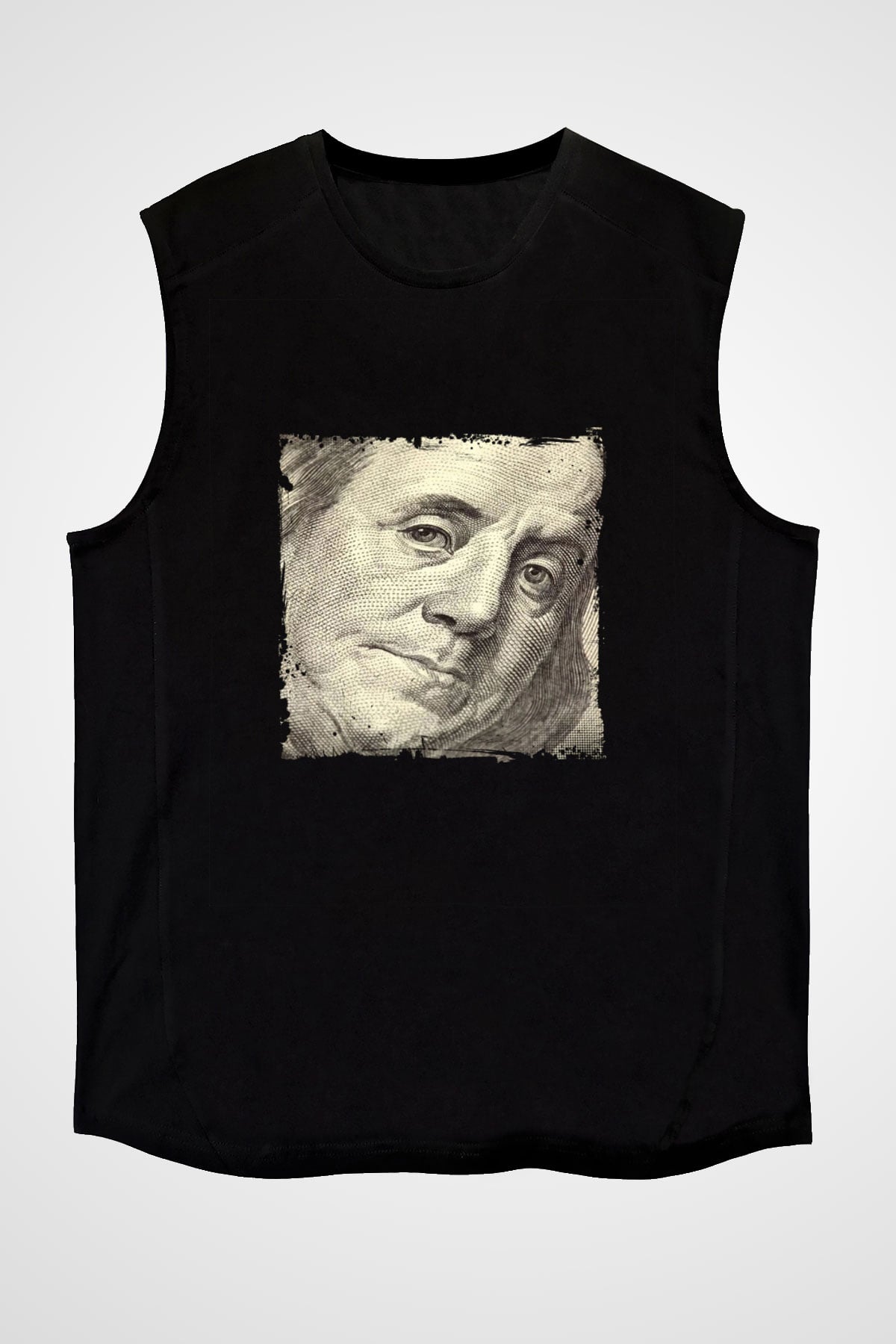 Benjamin Franklin Baskılı Unisex Siyah Kolsuz Tişört