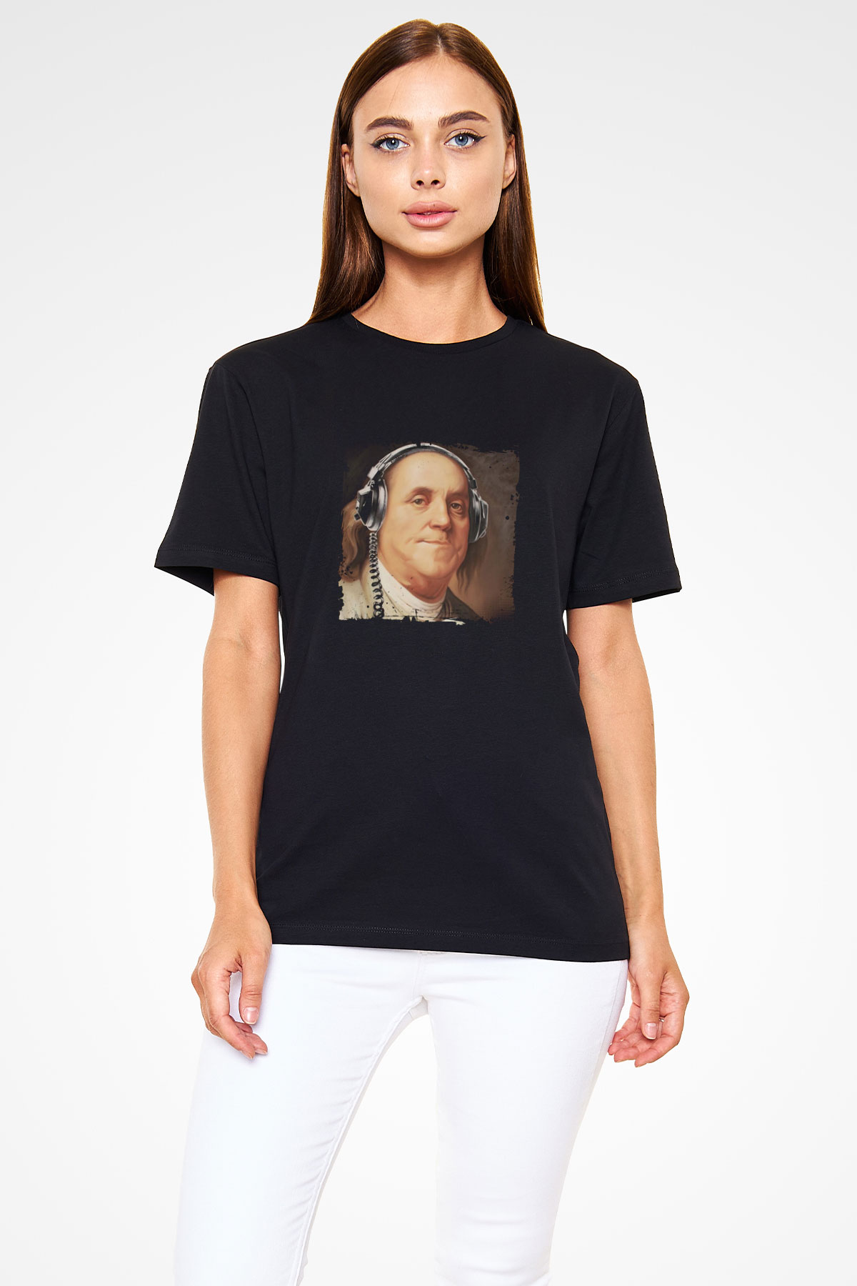 Benjamin Franklin Baskılı Unisex Siyah Tişört