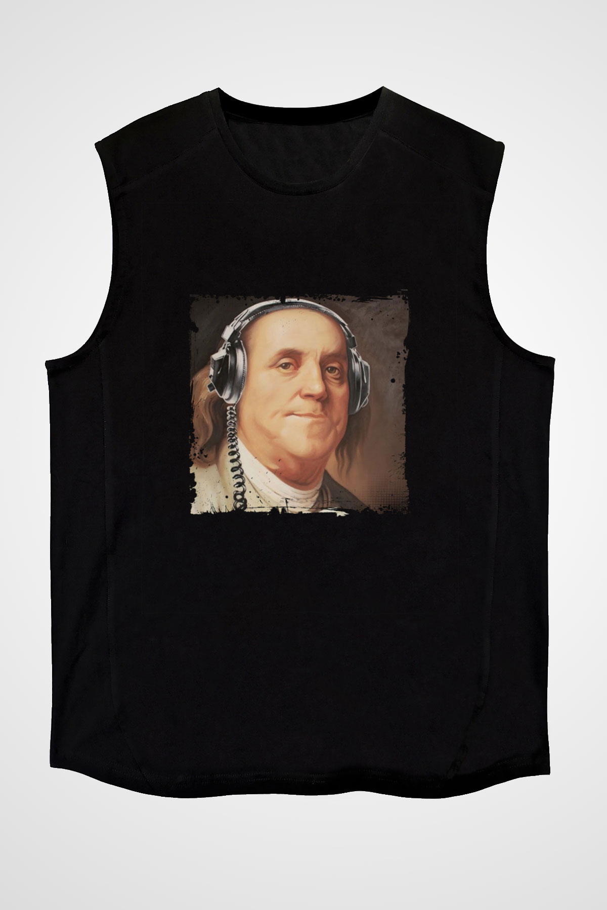 Benjamin Franklin Baskılı Unisex Siyah Kolsuz Tişört