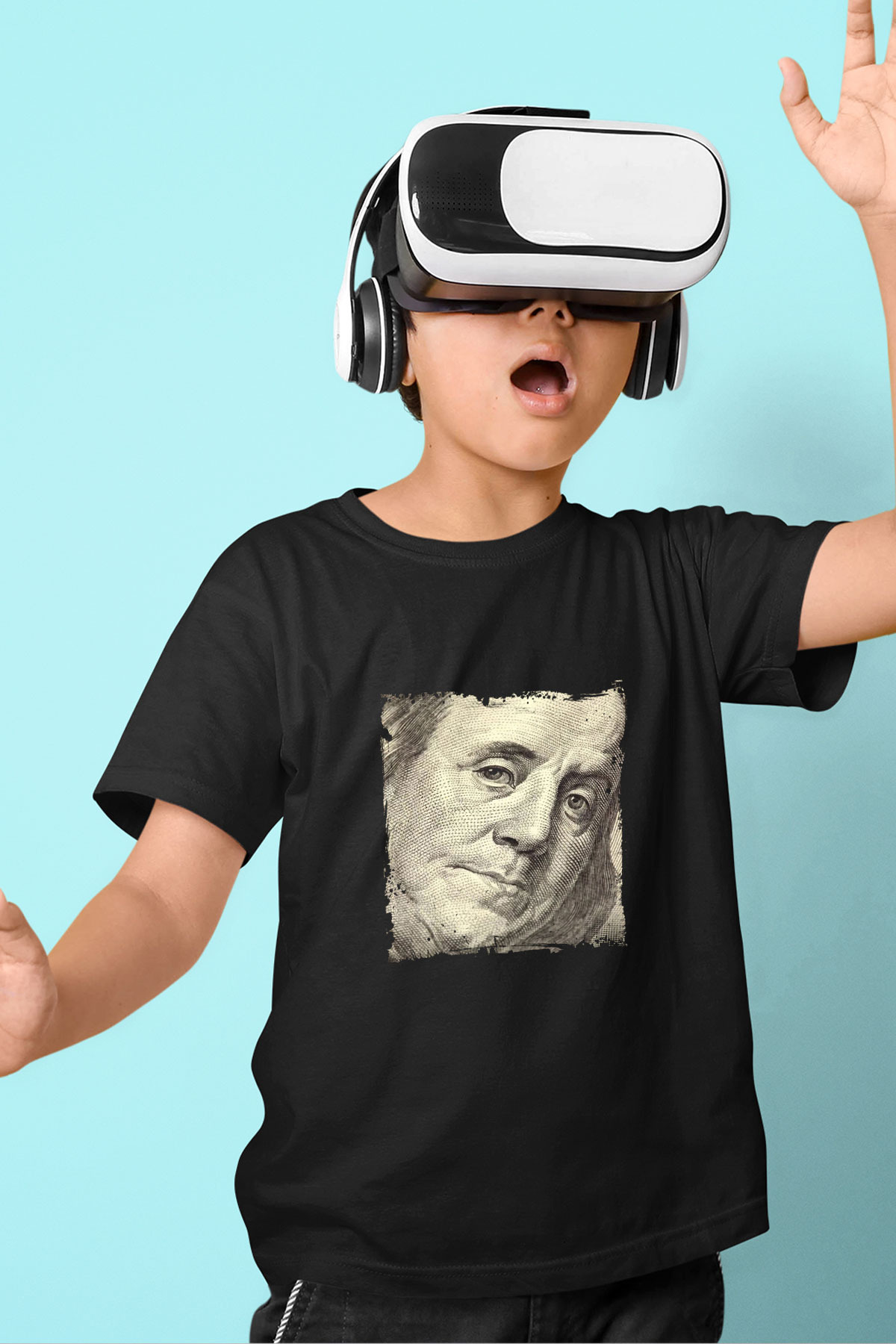 Benjamin Franklin Baskılı Unisex Siyah Çocuk Tişört
