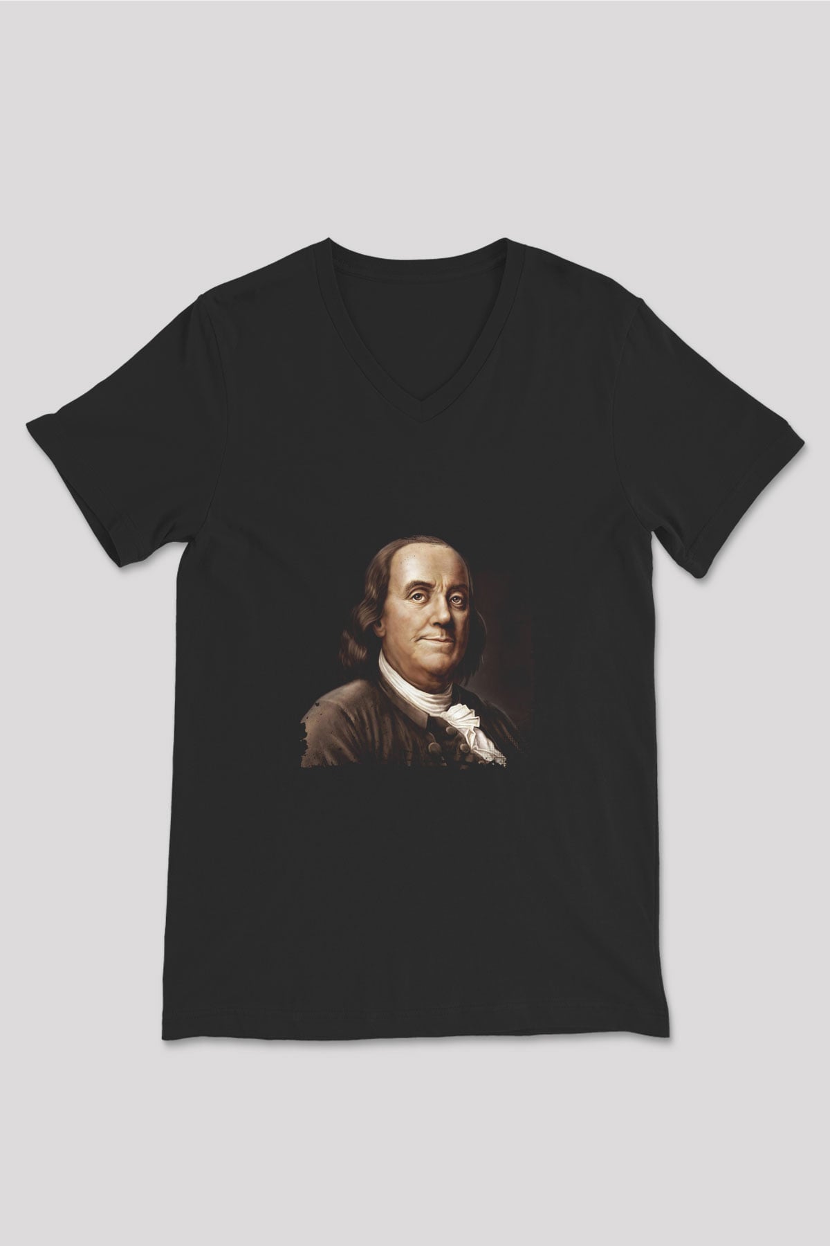 Benjamin Franklin Baskılı Unisex Siyah V Yaka Tişört