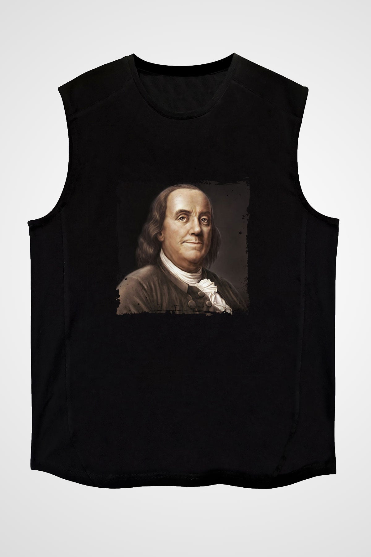 Benjamin Franklin Baskılı Unisex Siyah Kolsuz Tişört