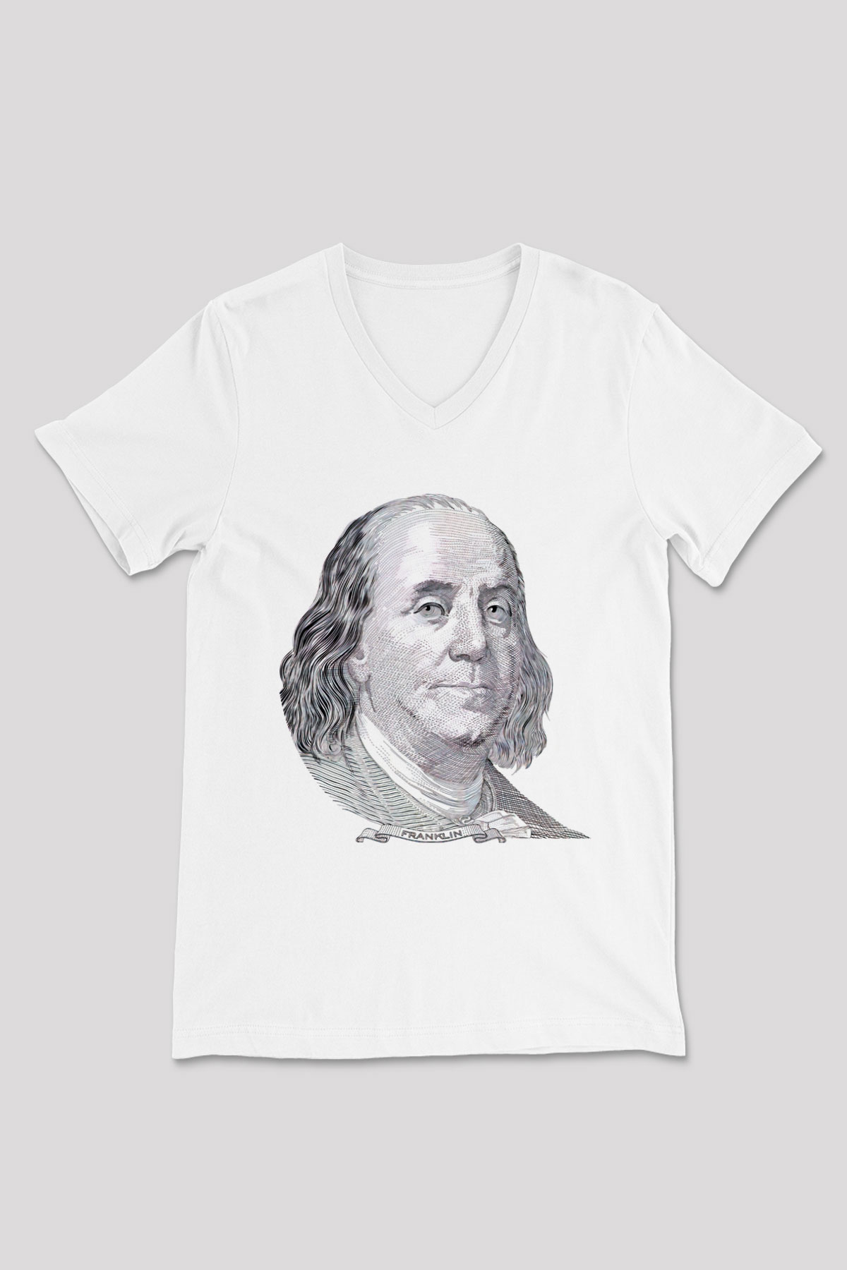 Benjamin Franklin Beyaz Unisex V Yaka Tişört