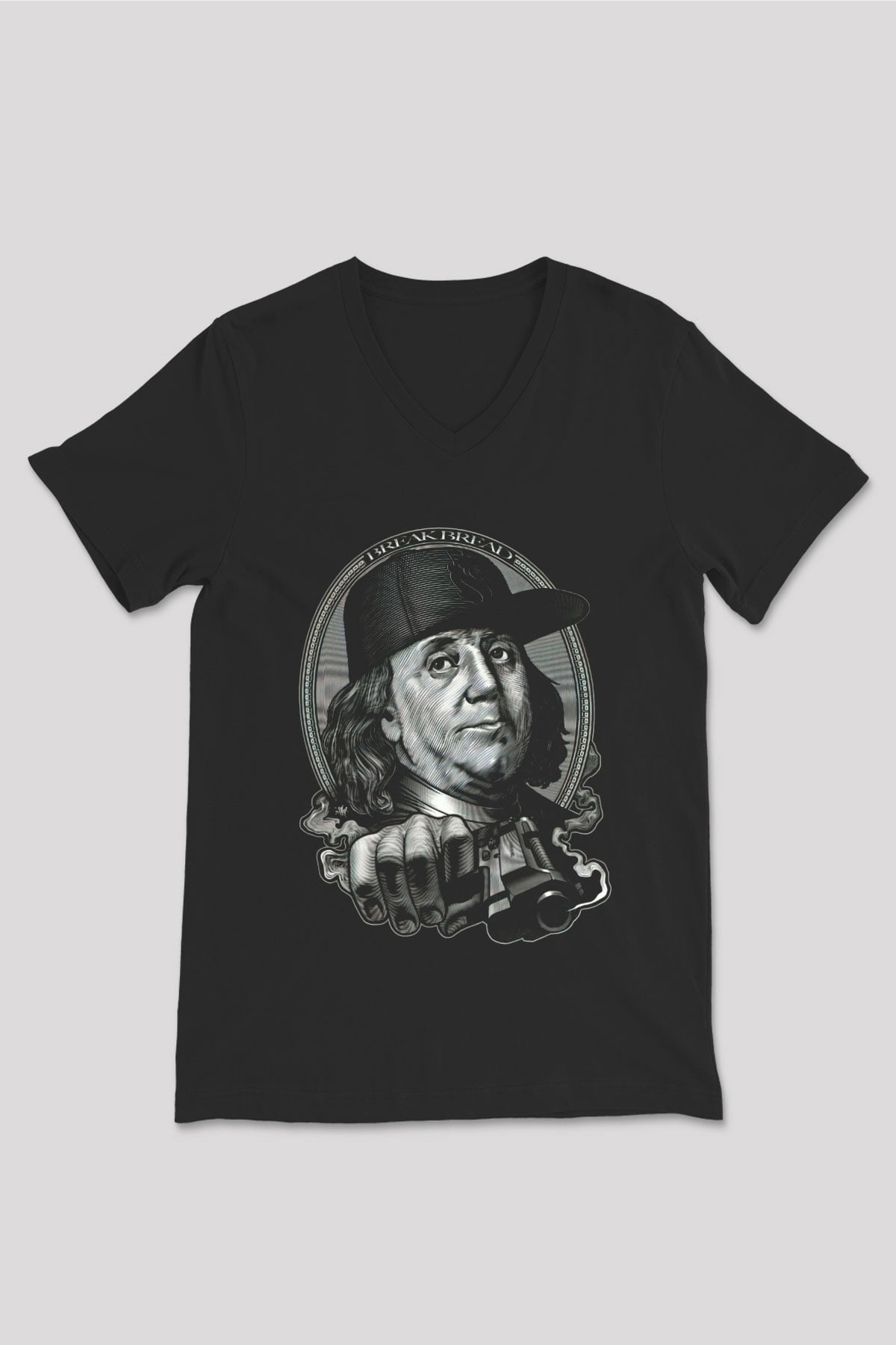 Benjamin Franklin Siyah Unisex V Yaka Tişört