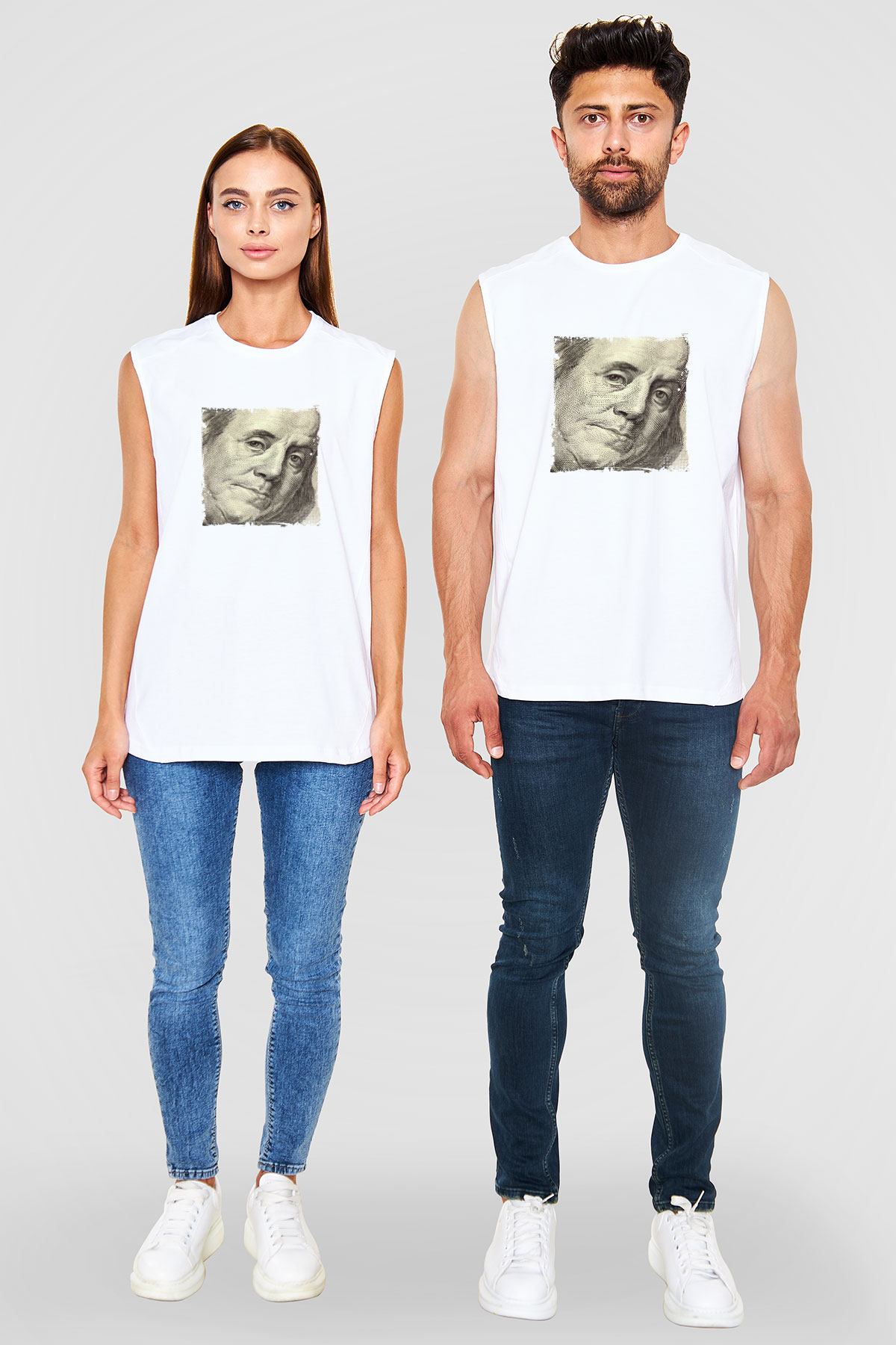 Benjamin Franklin Unisex Baskılı Beyaz Kolsuz Tişört